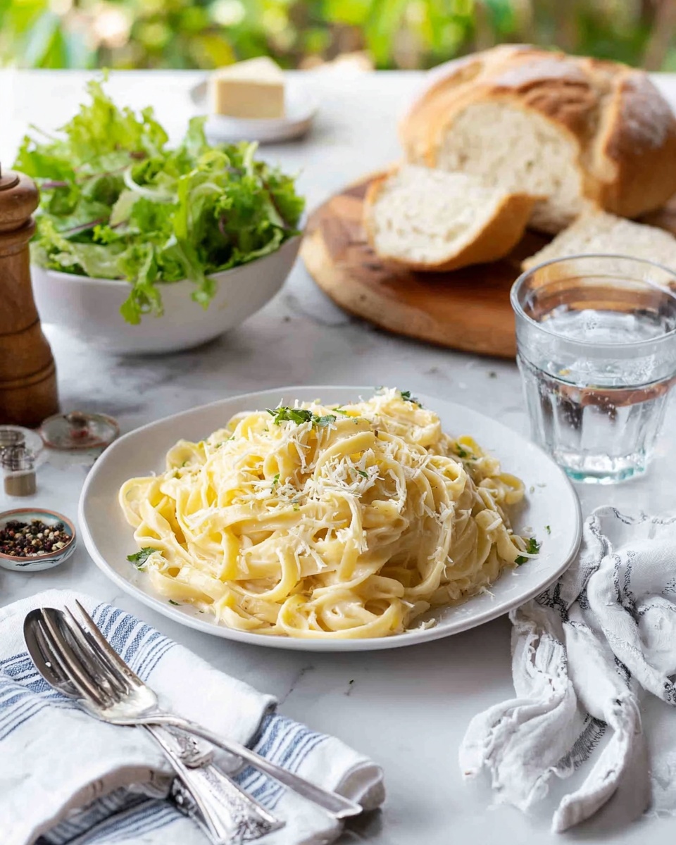 The image shows a white plate with a generous mound of creamy fettuccine pasta, light yellow in color with a smooth, slightly glossy texture, topped with a sprinkling of finely grated pale yellow cheese and small bits of green herbs. To the left of the plate is a small bowl filled with fresh green leafy salad, and behind it, there is a wooden board holding a round loaf of bread with a soft white inside and a light brown crust. A clear glass of water is placed to the right of the plate. The scene is set on a white marbled surface with a folded white and blue striped cloth napkin, a pepper grinder, and silver utensils scattered around. photo taken with an iphone --ar 4:5 --v 7