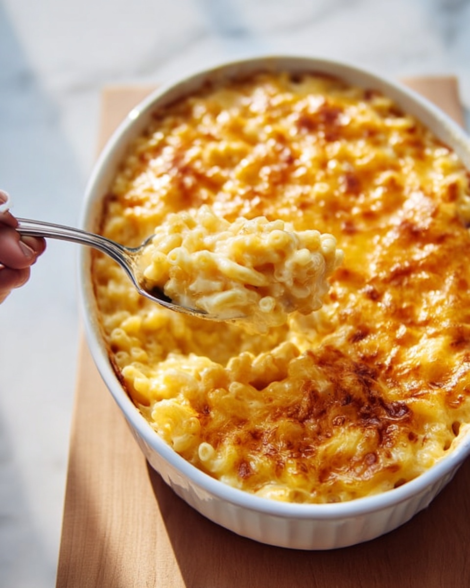 A white oval dish filled with a creamy macaroni and cheese bake, showing a golden top layer of melted cheese that is slightly browned and bubbly. The middle layer has soft, curly macaroni pasta covered in a smooth, light yellow cheese sauce. A woman’s hand holds a spoon scooping a portion from the dish, revealing the thick and creamy texture underneath. The dish sits on a white marbled surface with soft natural light highlighting the warm colors. Photo taken with an iphone --ar 4:5 --v 7