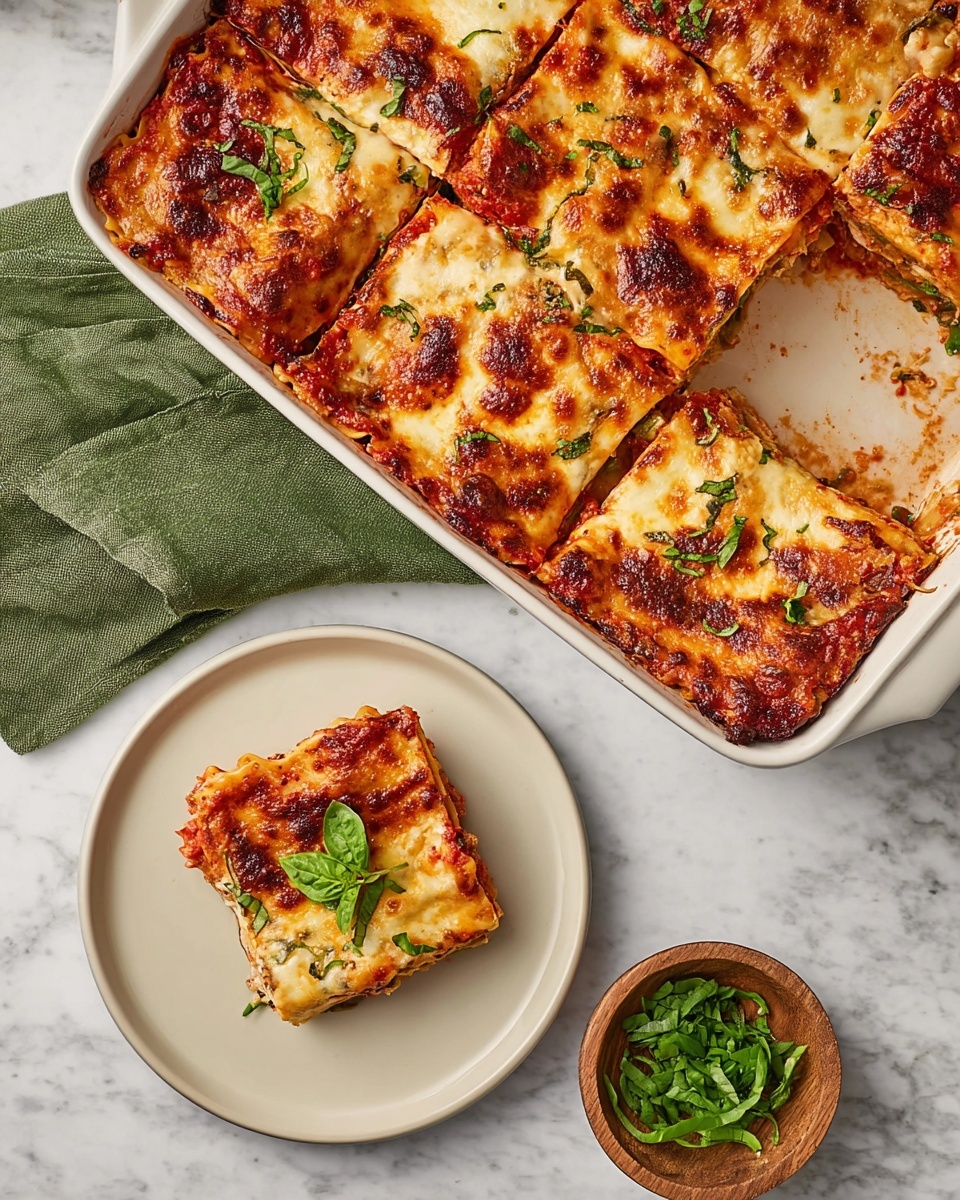 The image shows a white baking dish with six square pieces of baked lasagna, with four pieces remaining in the dish and two pieces removed to reveal a lightly messy bottom layer of sauce. The lasagna layers include a golden-brown baked cheese crust on top with some slightly dark brown spots, tomato sauce peeking through in patches, and small green basil leaves scattered on top. A white plate holds one square piece of lasagna with browned cheese edges and a small fresh green basil garnish. Next to the baking dish is a small wooden bowl filled with additional chopped green basil leaves. The scene is set on a white marbled surface with a green cloth napkin partly visible near the dish. photo taken with an iphone --ar 4:5 --v 7