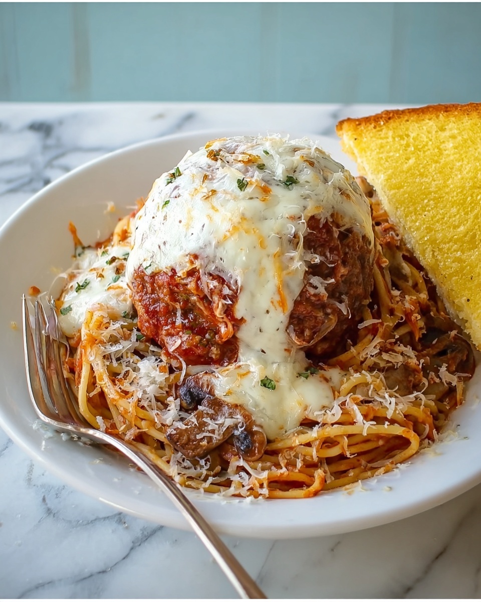 A white plate with a layer of spaghetti noodles mixed with dark red tomato sauce and bits of ground meat, topped by a large round meatball covered with melted off-white cheese that is slightly browned in spots. To the side, two slices of light golden toasted bread are sprinkled with fine grated cheese. A silver fork rests on the edge of the spaghetti. The background is a white marbled surface with a checkered cloth partially visible. photo taken with an iphone --ar 4:5 --v 7