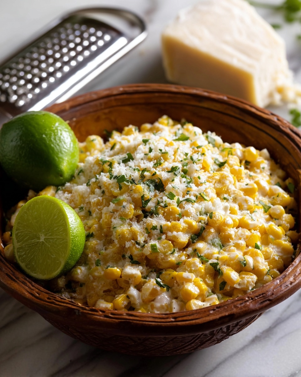 A close-up of a bowl filled with creamy corn salad, showing two layers: the bottom layer is a mix of bright yellow corn kernels and creamy white sauce, and the top layer is sprinkled with finely chopped green herbs and grated white cheese. A fresh, green lime half is placed on the left side of the bowl, resting against the salad. The bowl is brown with a carved edge and sits on a white marbled surface. In the background, a metal grater and a block of white cheese are slightly blurred. photo taken with an iphone --ar 4:5 --v 7