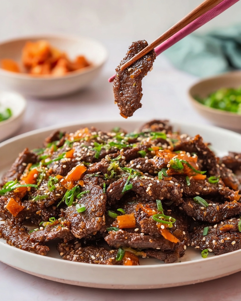 A white plate is filled with thin slices of cooked beef mixed with small pieces of orange carrots, sprinkled with white sesame seeds and chopped green onions scattered evenly on top. A piece of the beef is held above the plate with brown wooden chopsticks that have a pink tip, showing a textured, juicy look with sesame seeds. The background is a soft white marbled surface with blurred bowls holding green and orange side dishes. Photo taken with an iphone --ar 4:5 --v 7