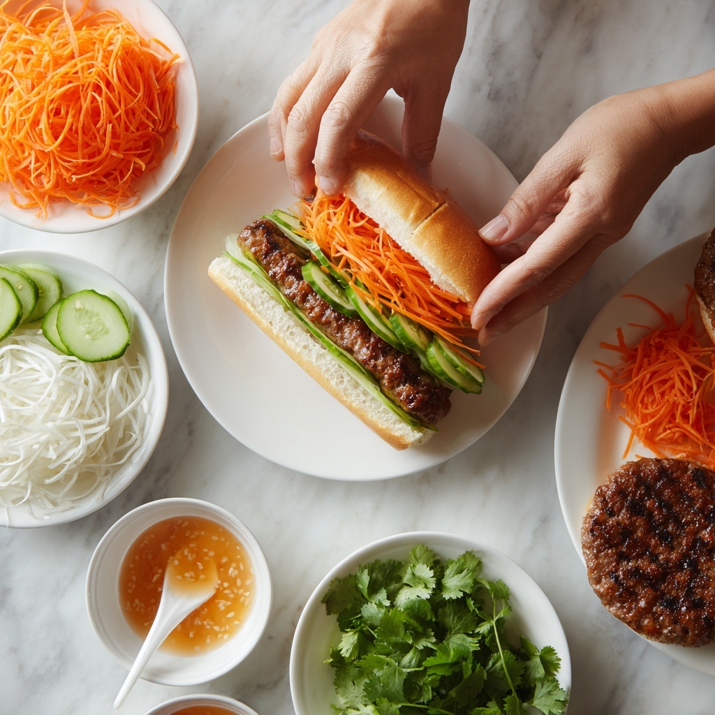 Two sandwiches sit on a white plate on a white marbled surface. Each sandwich has a light brown bread roll, filled with a dark brown grilled sausage or meat, thin green cucumber slices, bright orange carrot strips, white radish strips, fresh green cilantro leaves, and pale creamy sauce spread inside. Near the plate, there is a small white bowl with more orange carrot and white radish strips, and another small white bowl with a creamy light orange sauce with a metal spreader inside. Photo taken with an iphone --ar 4:5 --v 7