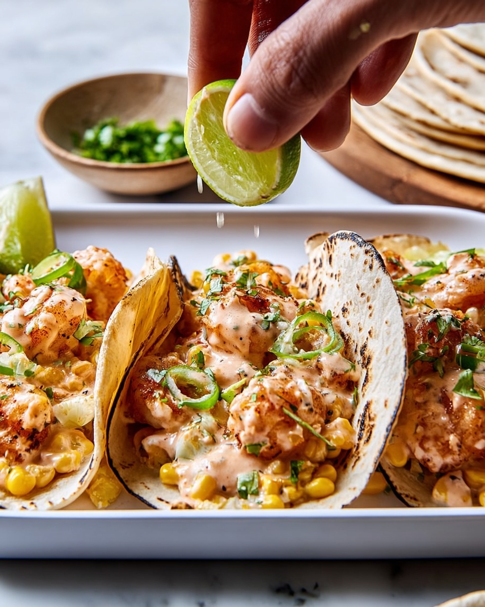 The image shows three soft tortillas arranged side by side on a white plate, each filled with four layers: the bottom layer has grilled yellow corn kernels mixed with bits of green onion, followed by a layer of creamy sauce, then several pieces of cooked shrimp coated in sauce with a light pink hue, and topped with green herbs and thin slices of green pepper. A woman's hand is squeezing a half lime above the shrimp, with droplets of lime juice visible. The plate sits on a white marbled surface, with additional tortillas stacked in the background and a small bowl of chopped fresh herbs partly visible. Photo taken with an iphone --ar 4:5 --v 7