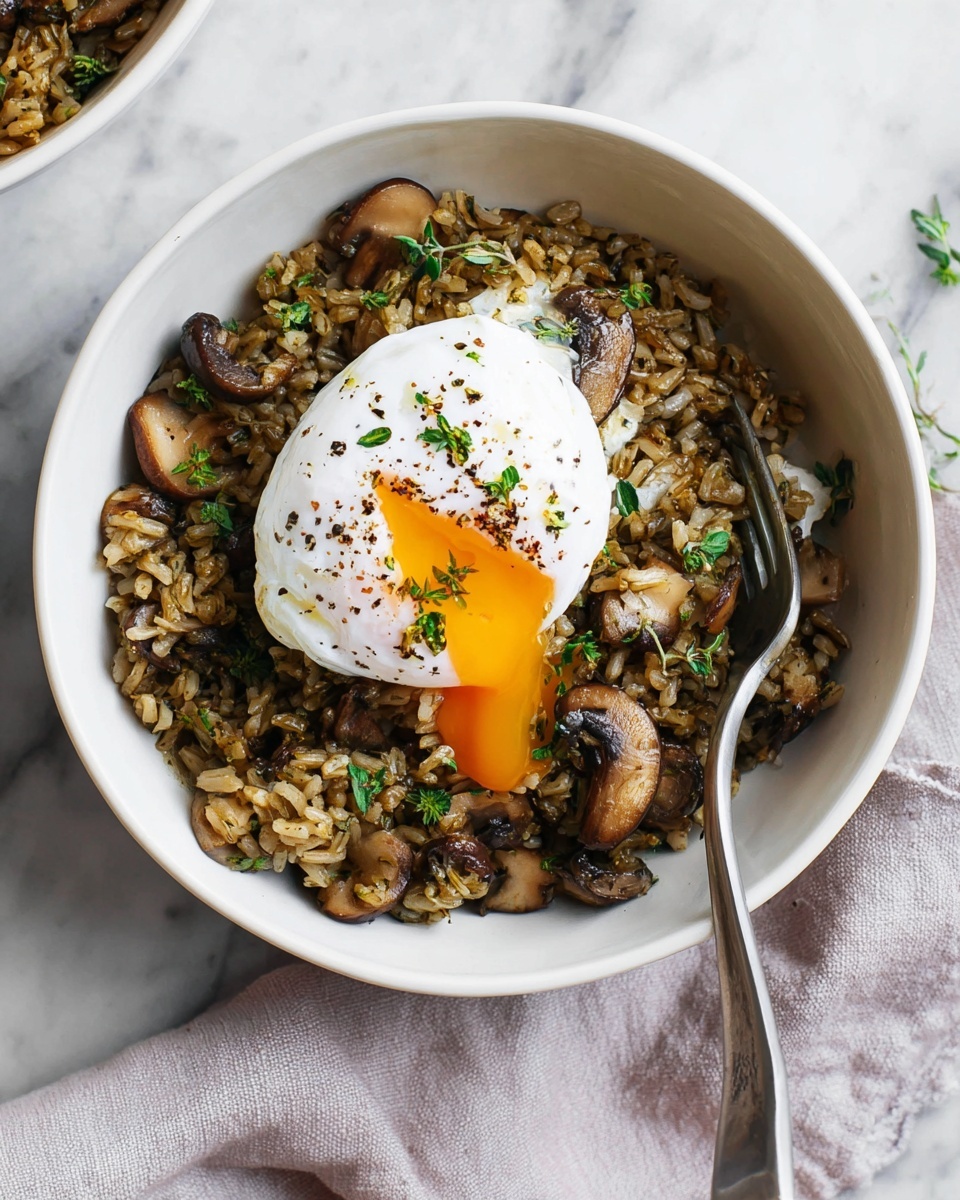A white bowl filled with a mushroom rice dish forms the base layer, showing a mix of light brown cooked rice and dark brown mushroom pieces evenly spread. On top of this is a single poached egg with a smooth white surface and a small, soft orange yolk slightly oozing out. Small green herb leaves, likely thyme, are scattered on and around the egg, adding detail and color contrast. The bowl sits on a soft pink surface next to a light-colored cloth napkin and a silver spoon resting on the right edge of the bowl. The photo taken with an iphone --ar 4:5 --v 7