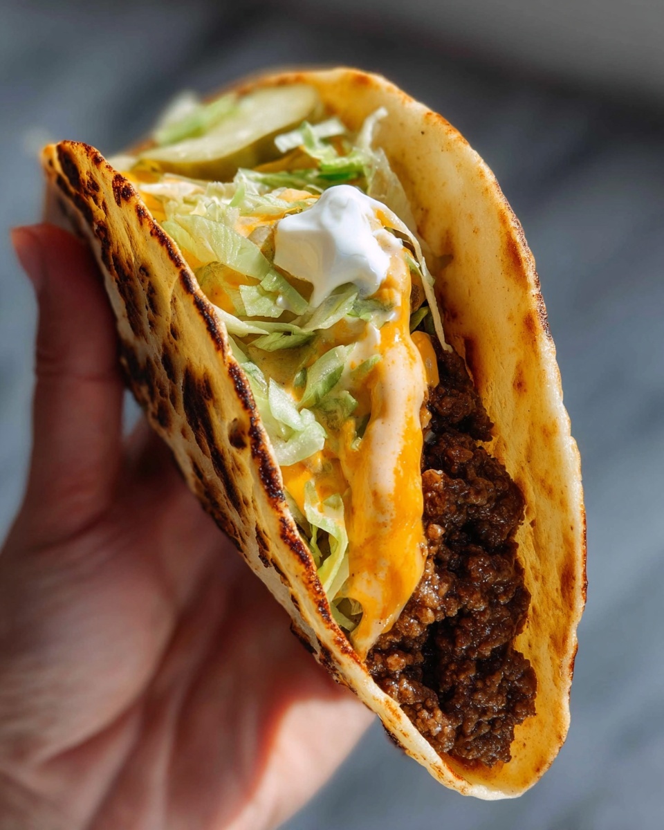 A small white tortilla with slight browning and char marks on the edges holds a juicy, dark brown grilled patty at the bottom. On top of the patty is a melted layer of light white cheese with a slightly browned edge. Above the cheese, there is a fresh layer of shredded green lettuce, topped with round, ridged pale green pickle slices and small pieces of red pepper. Drizzled over everything is a light orange creamy sauce that also drips onto the white marbled surface below. The photo is taken close-up, showing texture and color clearly photo taken with an iphone --ar 4:5 --v 7