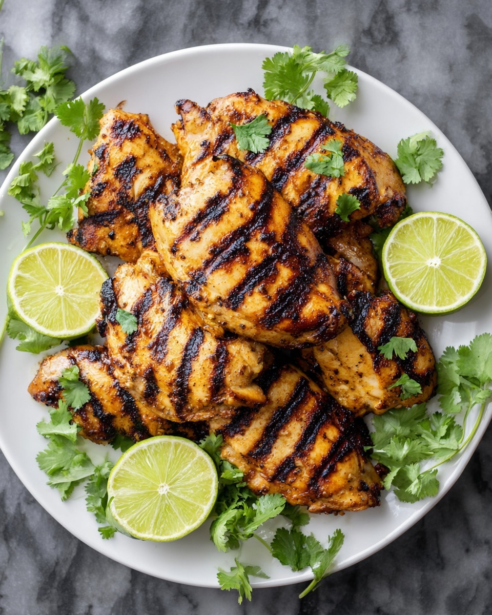 The image shows a white round plate with five pieces of grilled chicken placed in the center, each piece showing clear dark grill marks and a deep golden-orange color, indicating a spicy marinade. Around the chicken pieces, there are several fresh, green cilantro leaves and five lime halves positioned evenly along the plate's edges, their juicy, bright green interiors facing up. The background features a white marbled surface with a wooden bowl holding fresh red tomatoes and green leafy vegetables slightly blurred, adding a natural setting to the scene. Photo taken with an iphone --ar 4:5 --v 7