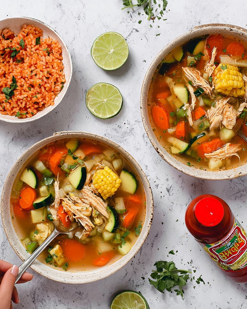 The image shows two white bowls filled with chicken soup on a white marbled surface. Each bowl has a clear broth base with visible layers of shredded light brown chicken, bright orange carrot slices, green zucchini chunks, pale green pieces of other vegetables, and a bright yellow piece of corn on the cob. There are wedges of lime and sprigs of fresh green herbs placed near the bowls. On the left side, a small white bowl contains orange-red rice with herbs mixed in. A woman's hand holds a spoon inside one of the soup bowls, and a bottle of red hot sauce with a red cap is also nearby. The scene is bright and clean, with vibrant colors from the ingredients creating a fresh and inviting look, photo taken with an iphone --ar 4:5 --v 7