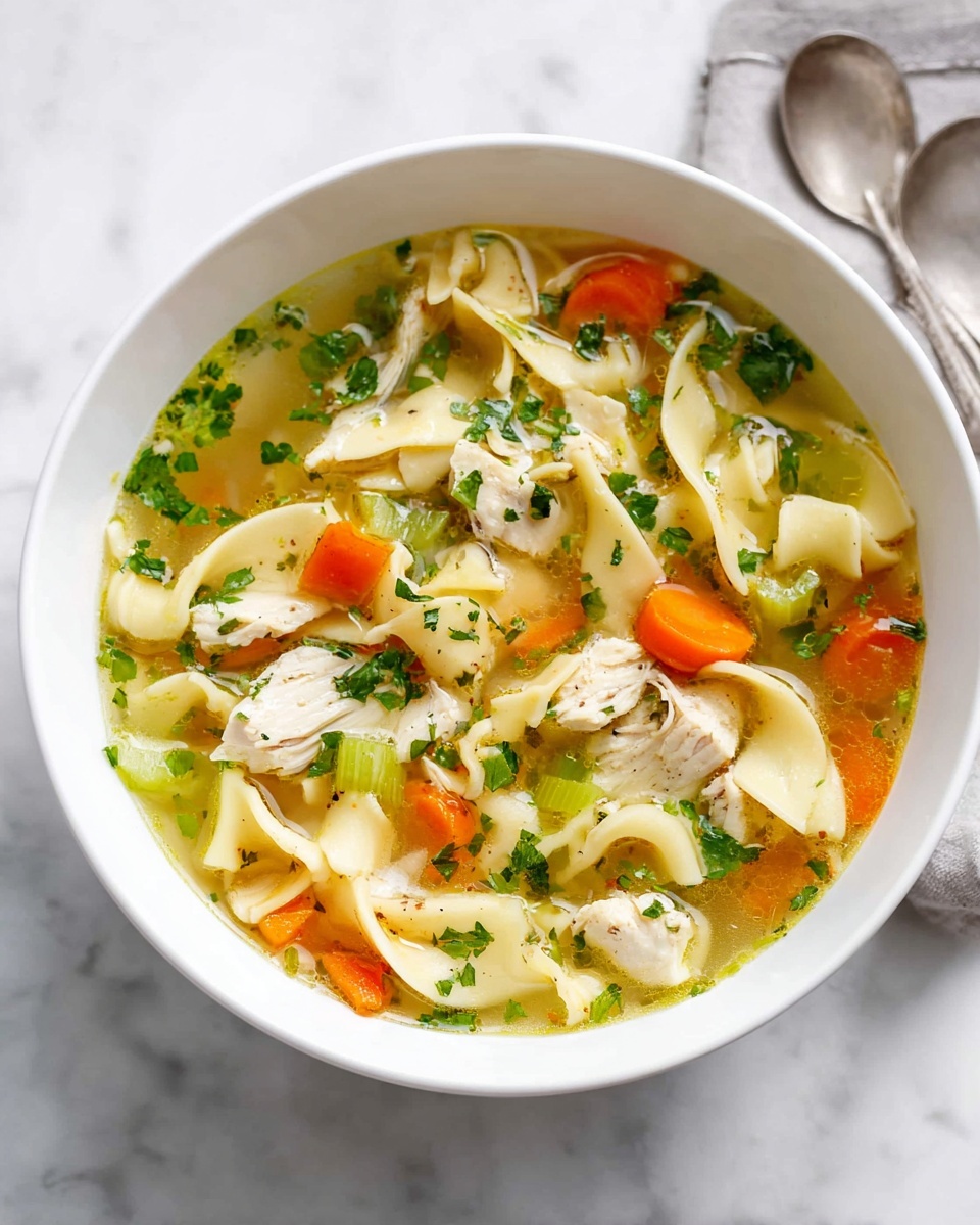 A red pot filled with chicken noodle soup sits on a white marbled surface. The soup has several layers: small white flat noodle pieces spread throughout, orange carrot slices and green celery pieces mixed evenly in a light yellow broth with specks of green herbs floating in it. A black ladle is lifting a spoonful of the soup, showing a close-up of layered ingredients in the ladle including white noodles, orange carrot slices, white chicken chunks, and green celery bits all in the broth. A small piece of parsley rests near the pot, and two orange carrots are visible to the top right of the image, resting on the white marbled surface. Photo taken with an iphone --ar 4:5 --v 7