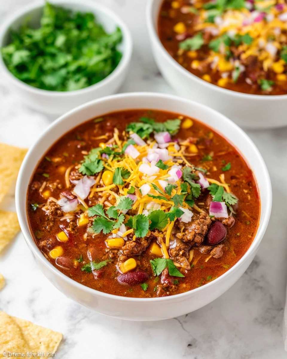 A close-up view of a rich, reddish-brown chili soup filled with layers of chunky ingredients including yellow corn kernels, dark red and light brown beans, diced red onions, pieces of cooked ground meat, and bright green cilantro leaves scattered on top. Large tomato chunks are visible throughout the mixture, which has a shiny, slightly oily surface. A wooden spoon with a smooth light brown texture is partially submerged on the right side of the image, stirring the soup gently. The background shows a white marbled texture. photo taken with an iphone --ar 4:5 --v 7