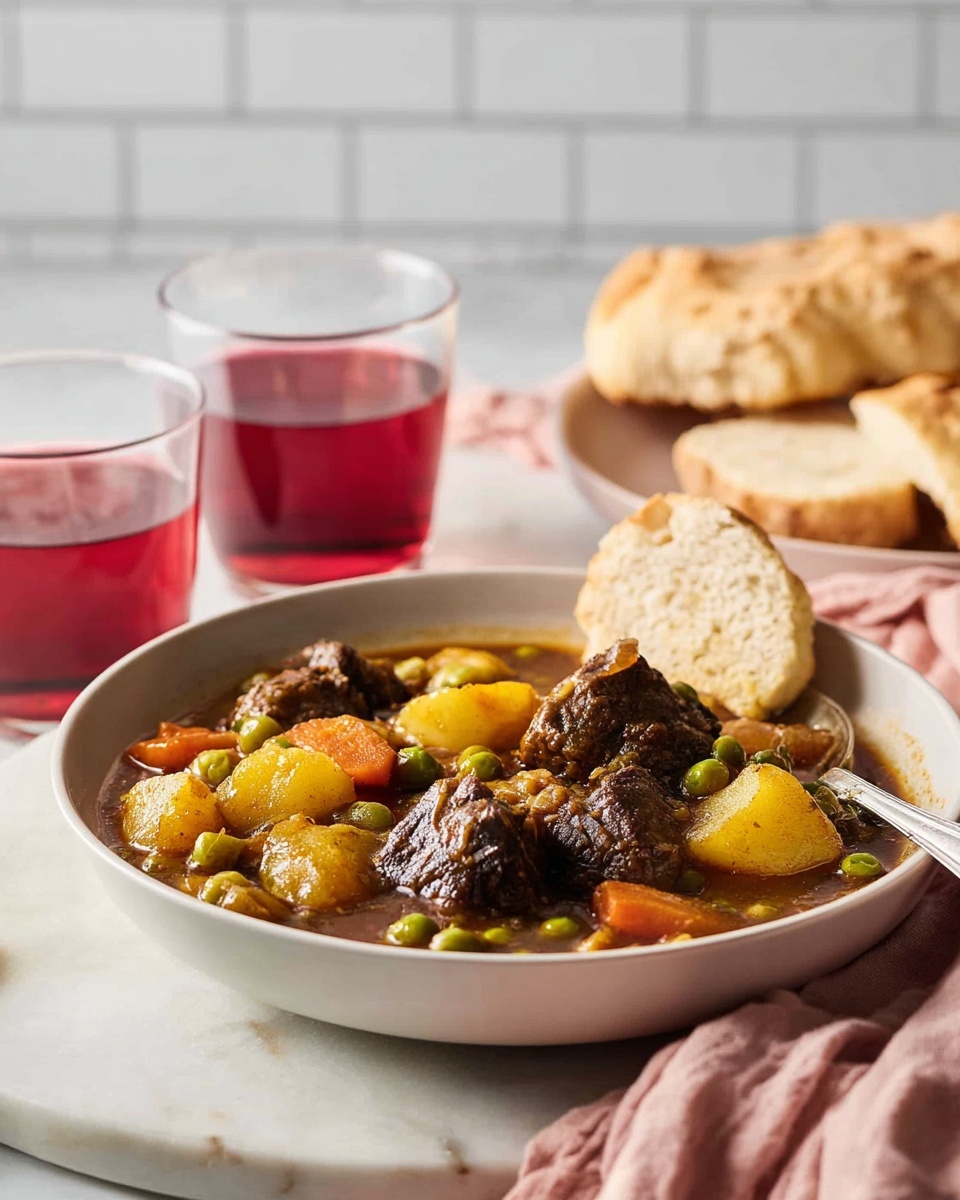 A white bowl filled with a hearty stew containing chunky pieces of dark brown meat, yellow potatoes, orange carrots, light orange squash, and green peas in a rich brown broth. Next to the bowl, there is a piece of flat brown bread and a silver spoon resting inside the bowl. In the background, two clear round glasses hold a red drink, placed on a white marbled surface with a soft pink cloth partly underneath the bowl and bread. The background has white tiled walls. Photo taken with an iphone --ar 4:5 --v 7