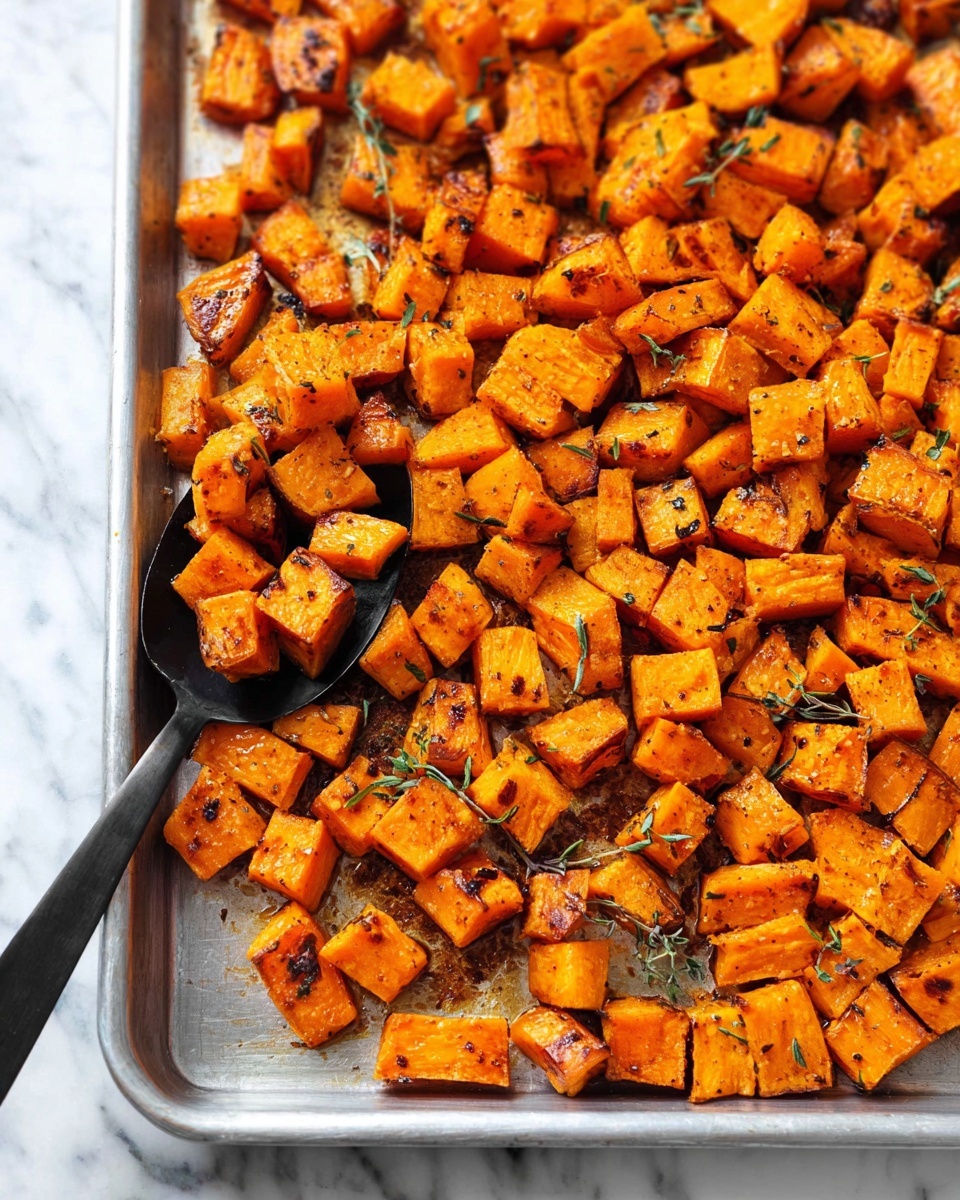 A white bowl with a thin brown rim holds a single layer of roasted orange squash cubes. The cubes have a mix of smooth and slightly browned edges, giving a soft and caramelized texture. Light green herbs are sprinkled on top, adding small pops of color. A silver fork rests inside the bowl on the right side, partially under the squash. The bowl is placed on a white marbled surface with a few scattered tiny herb leaves. photo taken with an iphone --ar 4:5 --v 7