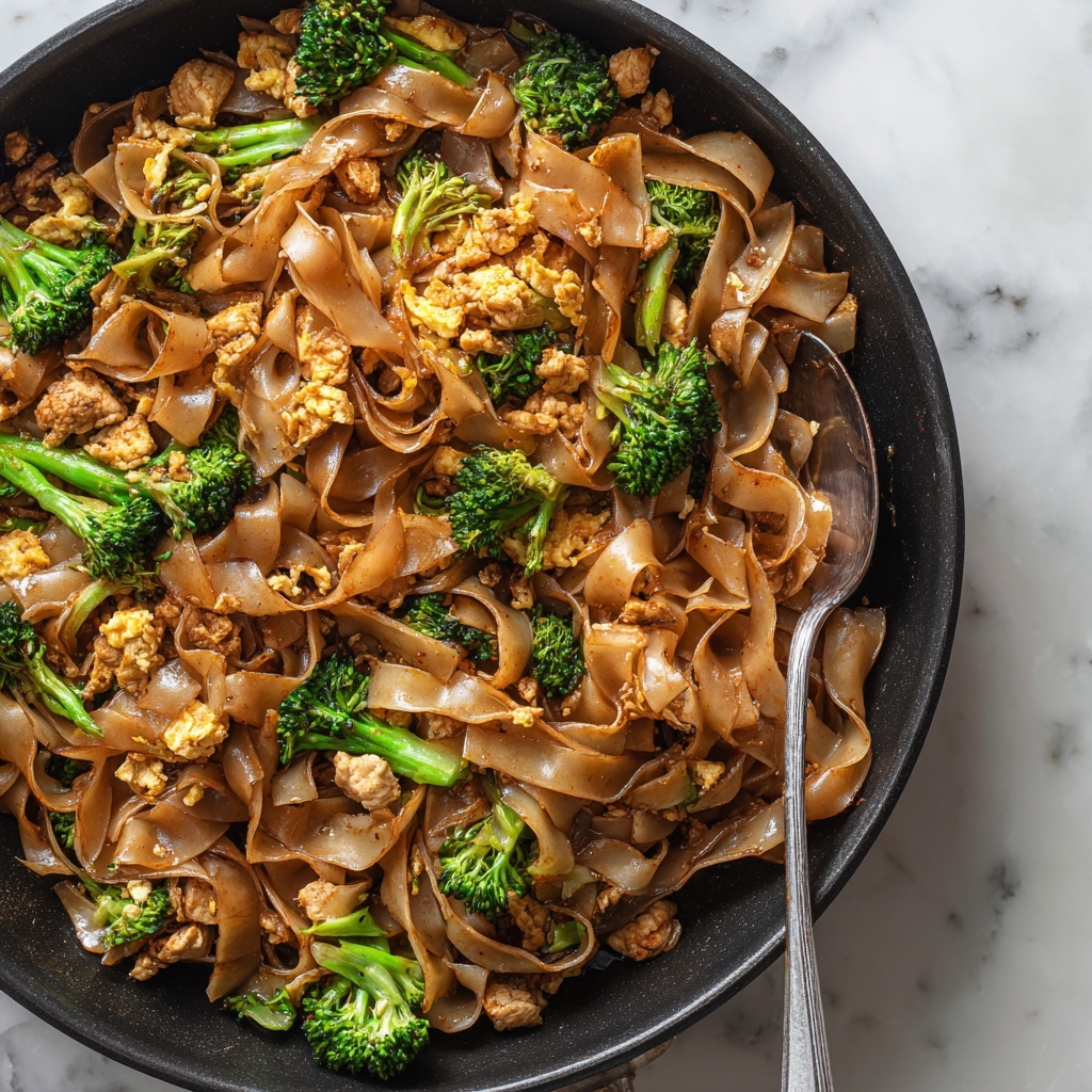 This image shows a black pan filled with a stir-fry dish. The base layer consists of wide, light brown rice noodles that are slightly glossy from the sauce. Mixed evenly throughout are small, bright green broccoli florets adding a fresh color contrast. Scattered among the noodles and broccoli are bite-sized pieces of cooked chicken with a light brown, slightly seared surface. There are small pieces of scrambled egg that are light yellow and soft, resting on top and mixed in. The dish is coated with a shiny, dark brown sauce that gives it a rich look. A metal spoon is resting on the side in the pan. The background is a white marbled surface. photo taken with an iphone --ar 4:5 --v 7
