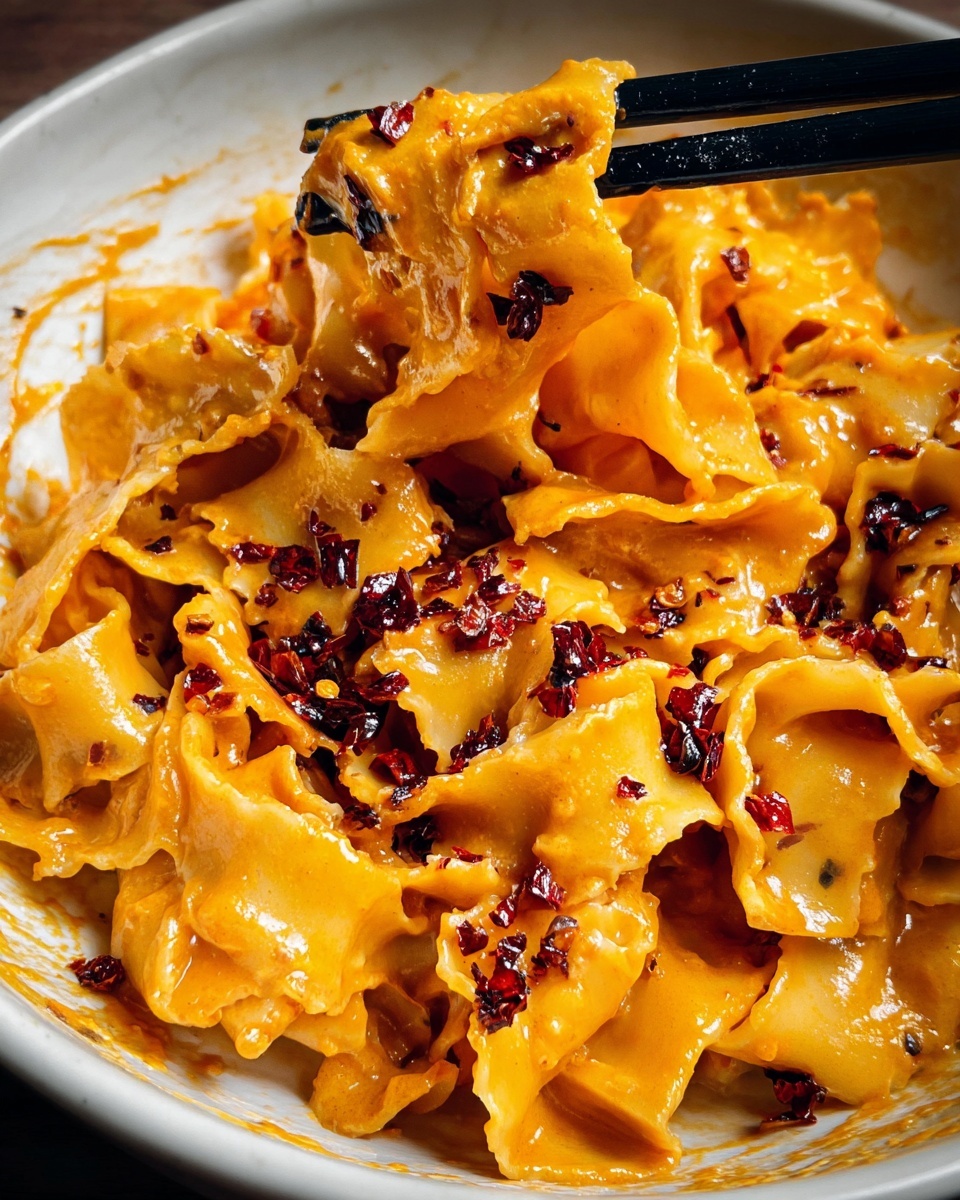 This image shows a close-up of a white bowl filled with wide, ruffled pasta noodles coated in a thick orange sauce. On top of the pasta are scattered dark red chili flakes adding texture and color contrast. A pair of black chopsticks are lifting some noodles from the pile, showing the sauce's shiny and smooth texture. The background inside the bowl is smeared with the same sauce, emphasizing the creamy and rich look of the dish. The overall look is warm and spicy, with the orange sauce and chili flakes drawing attention. Photo taken with an iphone --ar 4:5 --v 7