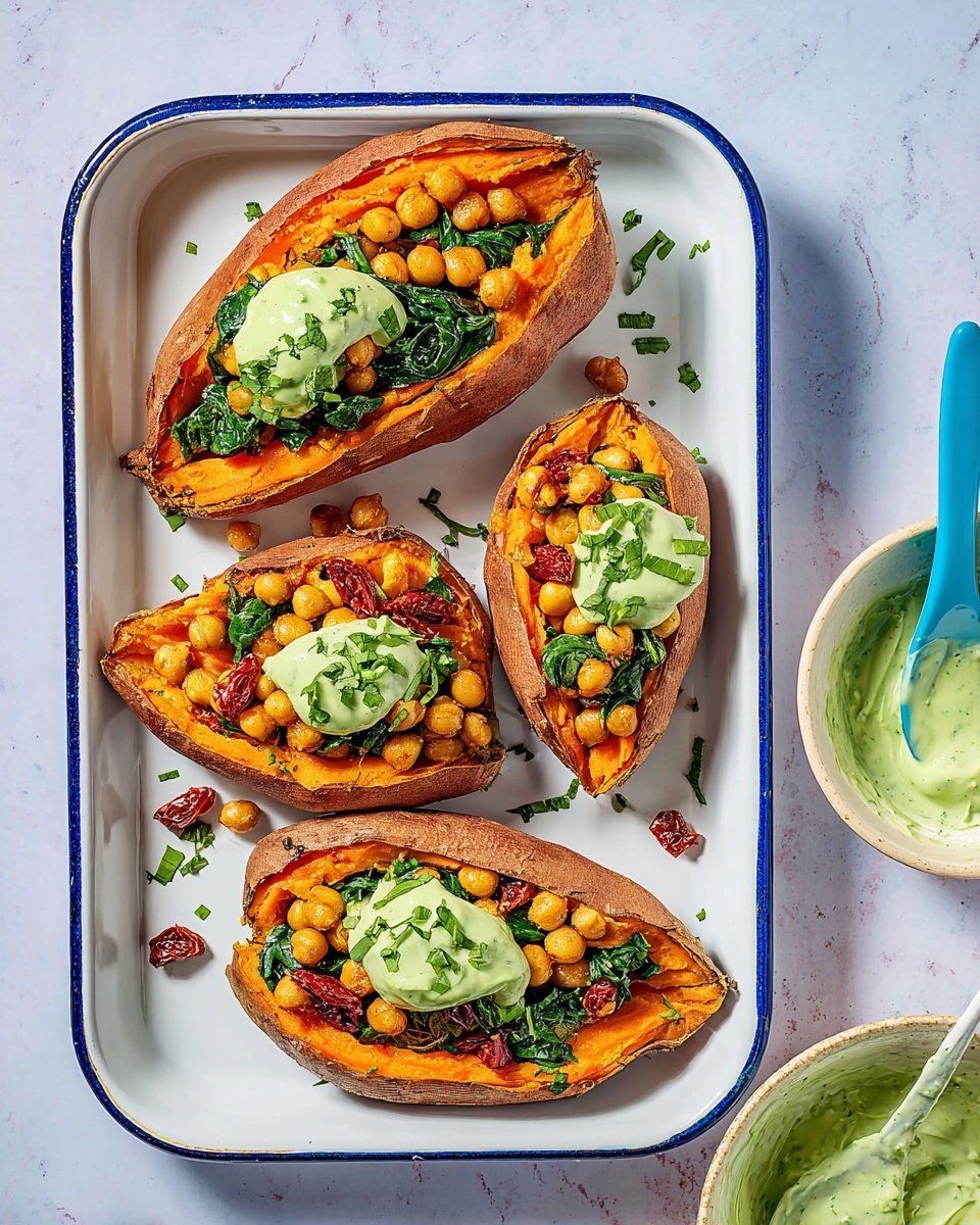 Four baked sweet potatoes are placed in a white tray with a blue rim, each sliced open and filled with three main layers. The bottom layer shows bright orange soft sweet potato flesh, followed by a colorful mix of golden chickpeas, dark green wilted spinach, and small pieces of deep red sun-dried tomatoes scattered inside and around the potatoes. On top of this filling, there is a dollop of pale green creamy sauce garnished with fresh green herbs. The tray is set on a white marbled surface, and to the right, there is a white bowl with more green sauce and a blue spoon resting in it. Photo taken with an iphone --ar 4:5 --v 7