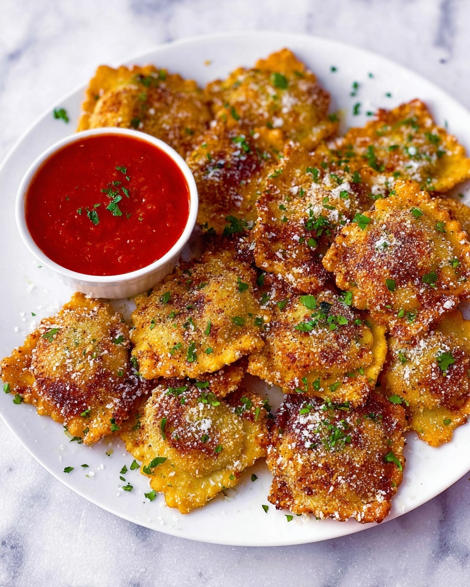 A white plate holds a pile of golden-brown fried ravioli with a crunchy, textured coating, sprinkled with green chopped parsley and a light dusting of grated cheese. To the left on the plate is a small white bowl filled with bright red marinara sauce, also sprinkled with bits of parsley. The plate sits on a white marbled surface. The ravioli pieces vary slightly in size, arranged in a scattered, overlapping way. photo taken with an iphone --ar 4:5 --v 7