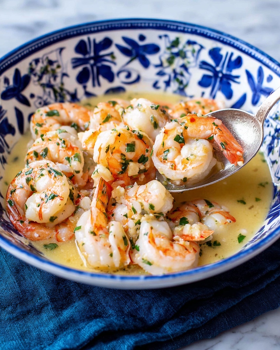 A deep white bowl with blue floral patterns is filled with about two layers of cooked shrimp in a light yellow buttery sauce. The shrimp are pink and white with some green herb bits scattered on top and throughout the sauce. A silver spoon gently lifts some shrimp on the right side of the bowl. The bowl is set on a dark blue cloth on a white marbled surface. Photo taken with an iphone --ar 4:5 --v 7