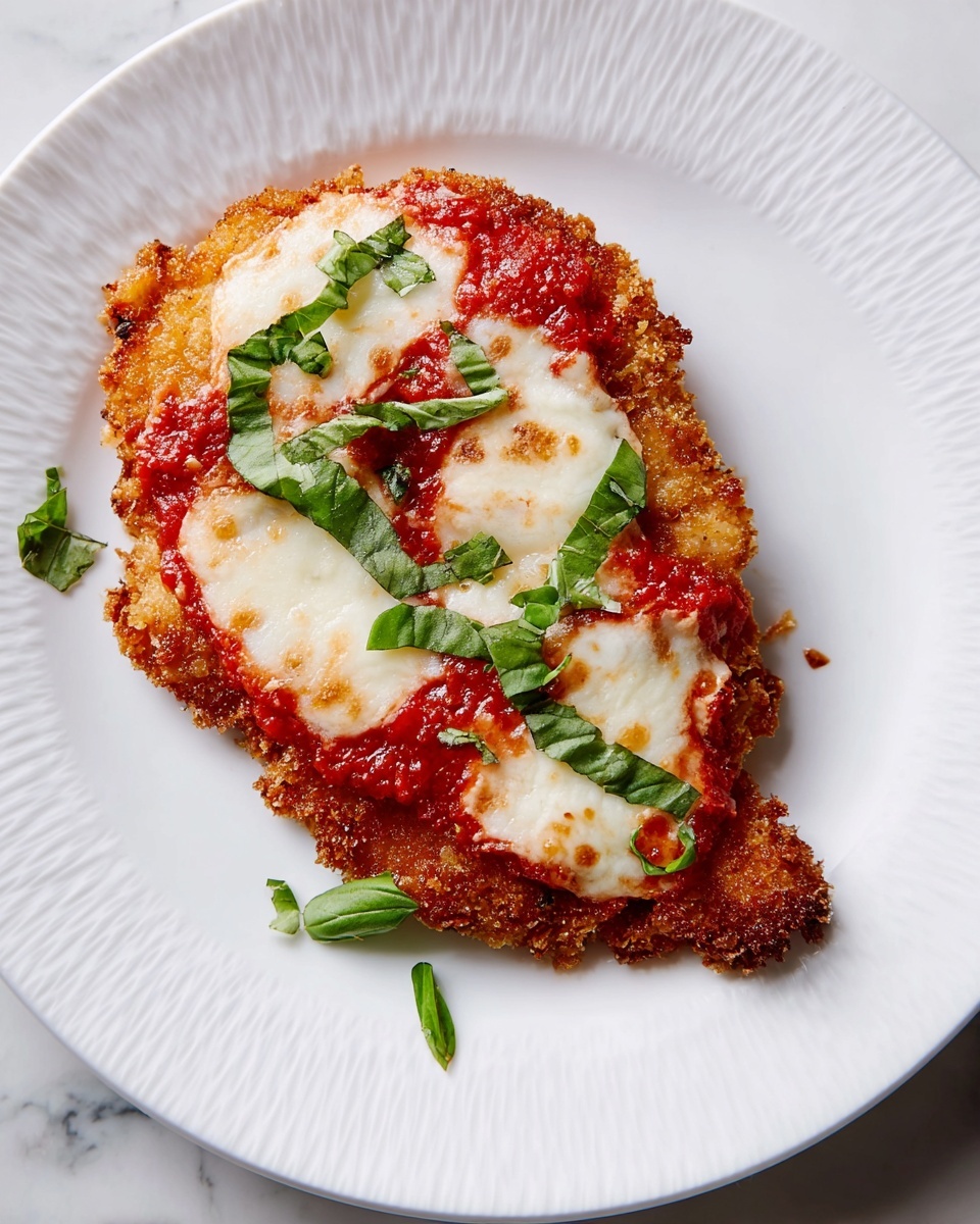 A single piece of golden brown crispy fried cutlet is on a white plate with a textured edge. The cutlet is topped with a spread of bright red tomato sauce, covered by melted white cheese that looks soft and bubbly in some spots. Fresh green basil leaves are scattered on top and around the cutlet, adding a fresh color contrast. The plate is placed on a white marbled surface. photo taken with an iphone --ar 4:5 --v 7