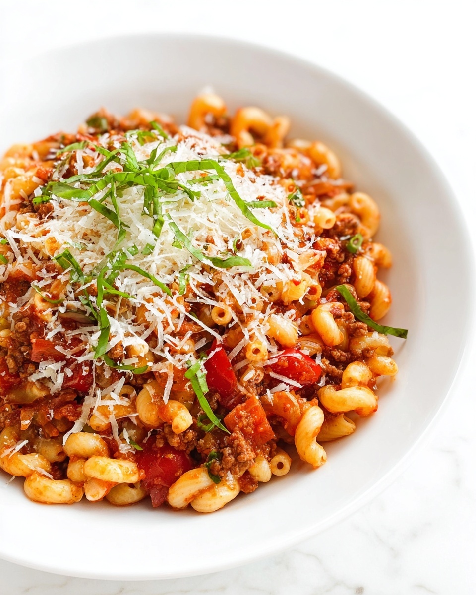 The dish shows a mound of elbow macaroni pasta mixed with chunks of red tomato and small pieces of browned ground meat, all coated in a light tomato sauce. On top, there is a layer of finely shredded white cheese, scattered evenly, and thin strips of fresh green basil adding a pop of color and freshness. The food is served in a deep white bowl, which sits on a white marbled surface, creating a clean and bright background. photo taken with an iphone --ar 4:5 --v 7