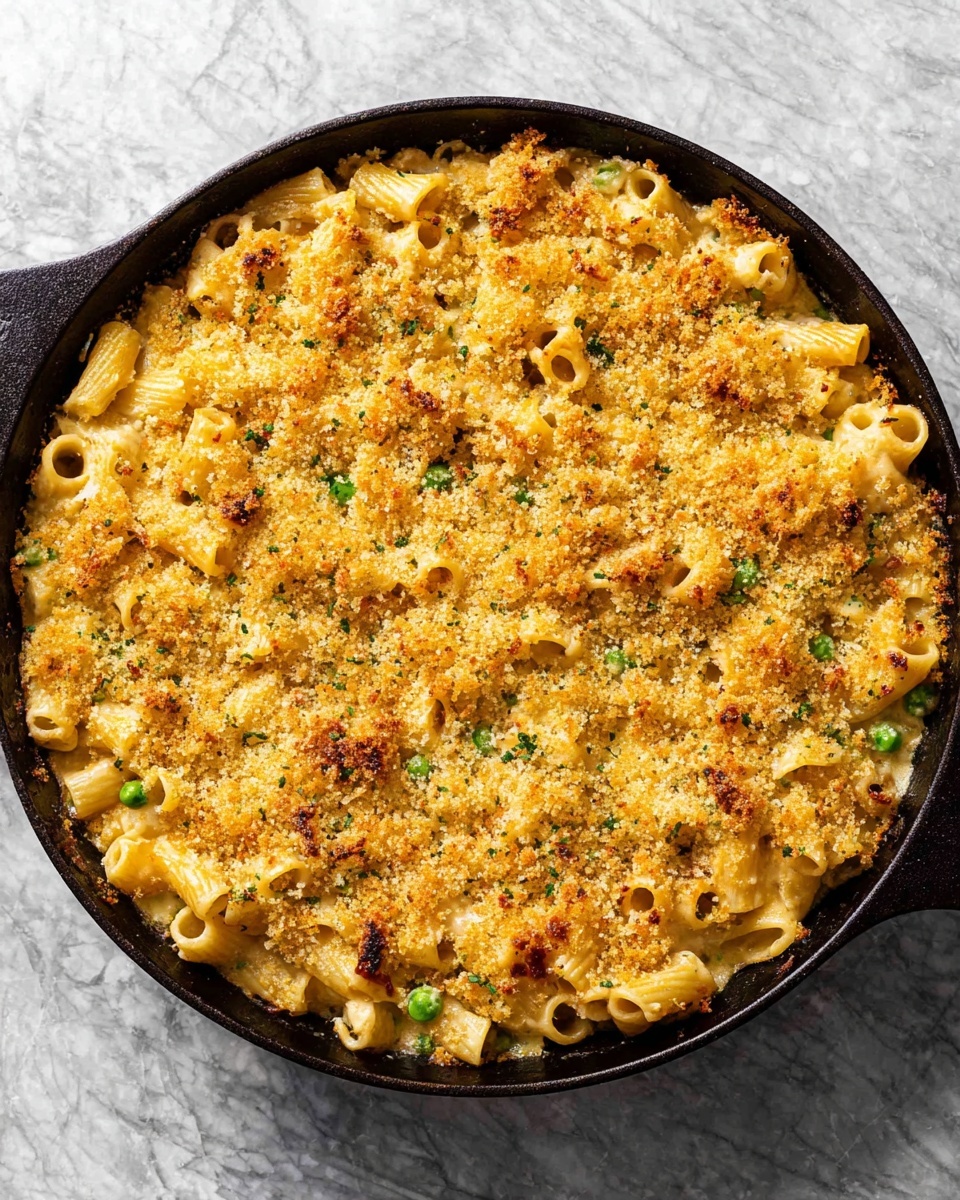 A round black cast iron skillet filled with a baked pasta dish. The dish has a golden brown crunchy breadcrumb topping covering creamy, light yellow pasta tubes mixed with small green peas spread evenly throughout. The pasta appears well-coated in a rich, cheesy sauce, with some browned spots peeking through the breadcrumb layer. The skillet is placed on a white marbled surface. Photo taken with an iphone --ar 4:5 --v 7