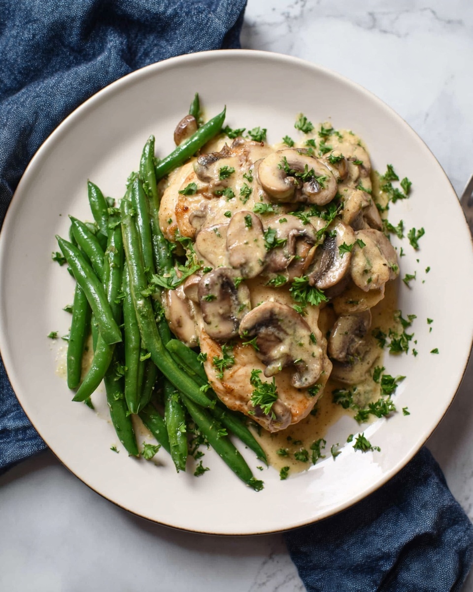 A white plate on a white marbled surface holds a dish with three main layers. The bottom layer is light yellow rice, spread evenly across the plate. On top of the rice, there is a layer of bright green beans placed side by side. The third layer consists of a light brown cooked chicken piece in the center, covered with sliced mushrooms and a creamy light beige sauce with specks of black pepper. The dish is finished with chopped green herbs sprinkled on top, adding a fresh color contrast. Photo taken with an iphone --ar 4:5 --v 7