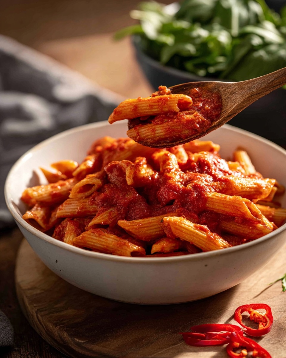 A white bowl filled with penne pasta covered in thick red tomato sauce sits on a wooden surface. The pasta looks soft and is coated evenly with the rich, slightly chunky sauce that fills the crevices of the penne. A wooden spoon holds a scoop of the pasta, lifting it above the bowl, showing the pasta’s ridged texture and sauce clinging to it. In the background, a dark bowl filled with fresh green leaves adds contrast, and a few slices of red chili pepper are scattered on the wooden surface near the bowl. The overall scene is bright with warm, natural lighting. photo taken with an iphone --ar 4:5 --v 7