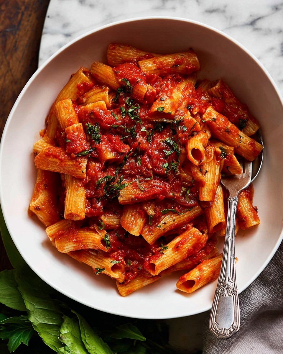A white bowl filled with short tube-shaped pasta covered in red tomato sauce. The pasta is layered thickly with sauce that has small tomato chunks and is sprinkled with green herbs on top. A silver fork with a detailed handle rests inside the bowl on the right side. The bowl is placed on a white marbled surface, and part of a leafy green vegetable can be seen in the lower left corner. Photo taken with an iphone --ar 4:5 --v 7
