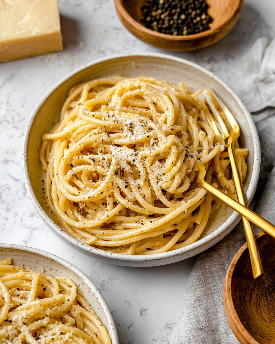 The image shows two white bowls filled with lightly sauced spaghetti that has a pale yellow color and smooth texture. Each bowl holds a generous single layer of noodles that appear soft and slightly glossy. The front bowl is decorated with a light sprinkle of grated cheese and black pepper evenly spread over the top, adding tiny white and black specks. Two golden forks rest inside the front bowl, one slightly lifting some noodles, and they contrast with the neutral tones of the pasta. The background features a white marbled surface with a small wooden bowl of black peppercorns and a block of cheese, adding natural brown and cream colors. Photo taken with an iphone --ar 4:5 --v 7