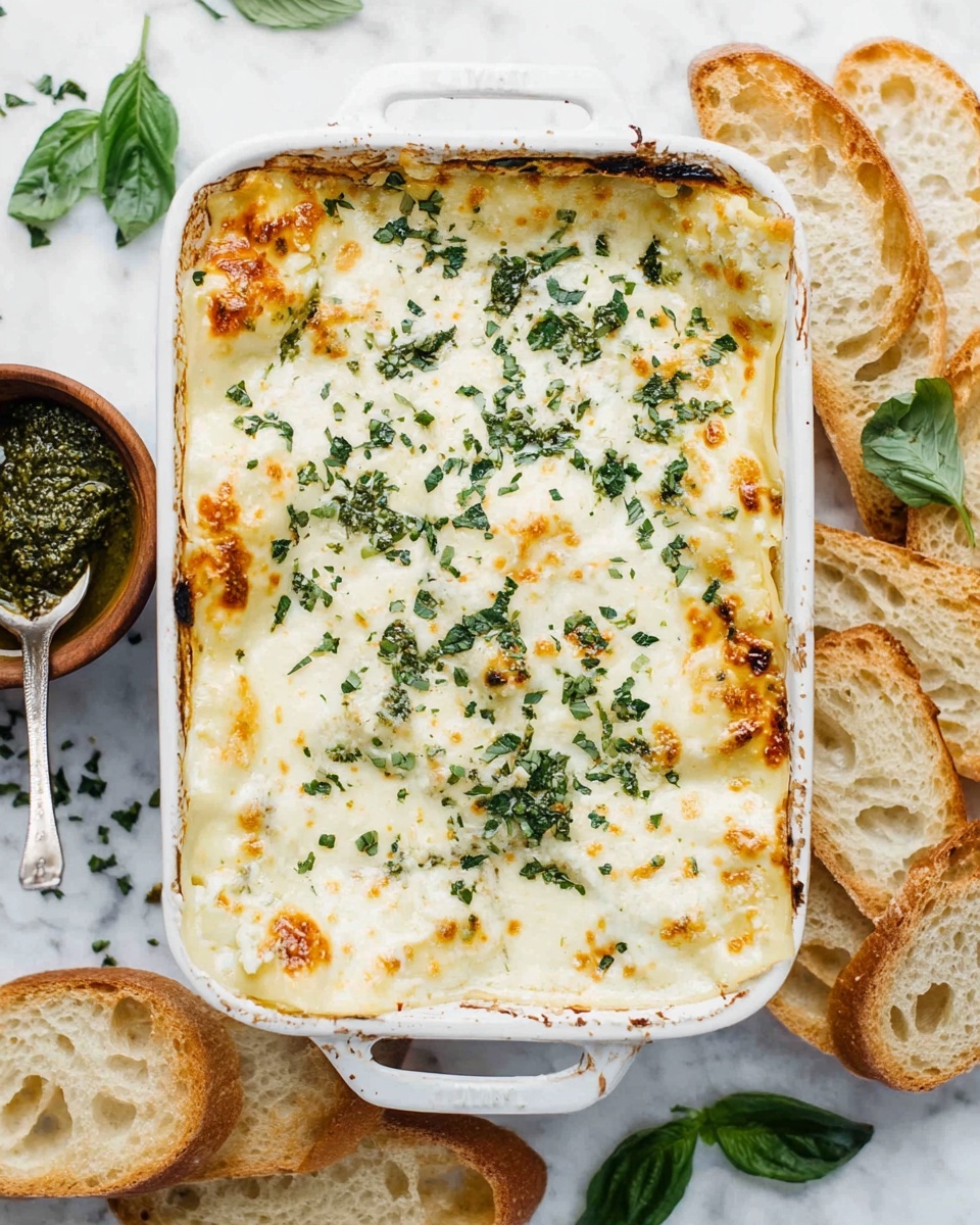 The image shows a white baking dish filled with a three-layered lasagna. The bottom layer is wide, off-white pasta sheets with a smooth texture lightly visible on the sides. The middle layer is covered with melted white cheese with a creamy texture and small browned spots. The top layer has chopped green herbs scattered evenly, adding freckles of dark and bright greens on the golden-white surface. The dish is surrounded by slices of light beige toasted bread with a soft, airy texture, some fresh green basil leaves, and a small wooden bowl with dark green pesto and a silver spoon resting in it. Everything sits on a white marbled surface. Photo taken with an iphone --ar 4:5 --v 7