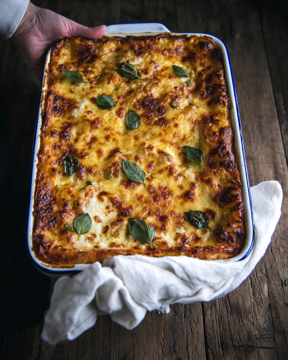A baked golden-brown layered dish in a white rectangular baking pan with a blue rim, showing a slightly crispy top layer covered with melted cheese that has browned spots. Scattered fresh green basil leaves sit on the cheese's surface. The dish looks thick and has multiple layers underneath the cheese with hints of a yellowish base, likely pasta or vegetables. A woman's hand holds the pan with a white cloth on a dark wooden surface, enhancing the warm and cozy feeling. photo taken with an iphone --ar 4:5 --v 7