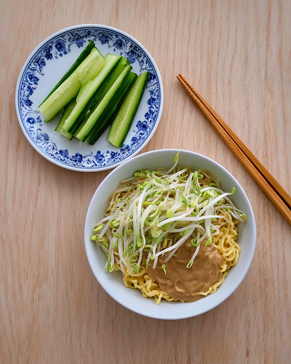 A white bowl contains three layers: the bottom layer is yellow cooked noodles with a slightly wavy texture, the middle layer is fresh white and green bean sprouts spread out on top of the noodles, and the top layer is a thick, light brown sauce covering part of the sprouts and noodles. Next to the bowl is a pair of light wooden chopsticks placed side by side. Above the bowl, there is a white plate with blue floral patterns around the edge holding green cucumber sticks, each with a glossy, fresh surface. All items rest on a white marbled surface. photo taken with an iphone --ar 4:5 --v 7