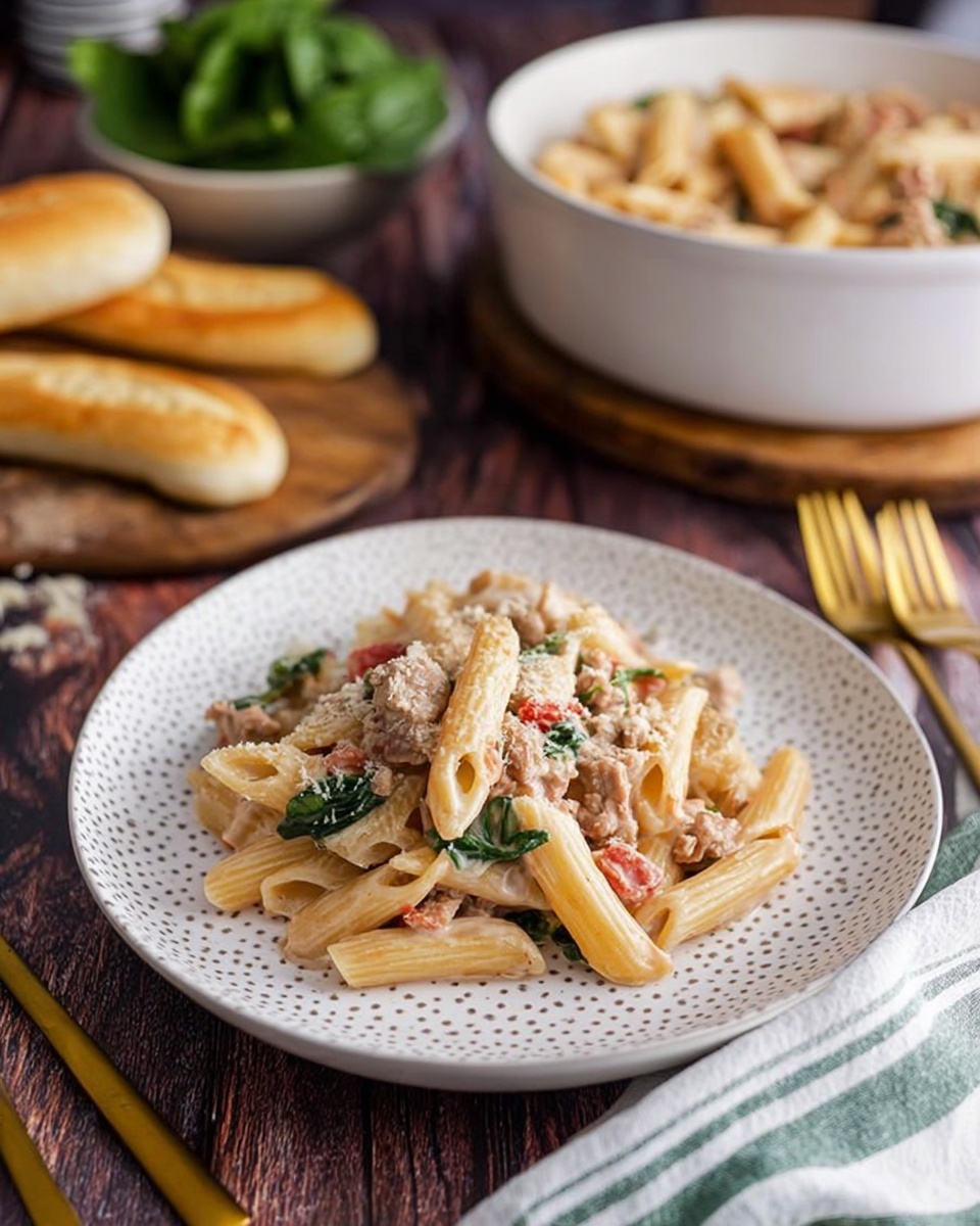A white round plate with small grey dots is placed on a dark wooden table, holding a single layer of creamy penne pasta mixed with light brown pieces of cooked meat, bits of red tomatoes, and green spinach leaves, all covered with a light dusting of grated cheese. Behind the plate, to the right, there is a large white bowl filled with more penne pasta and meat mixture, and to the left, a wooden board holds several golden breadsticks. A white bowl with fresh green spinach is also visible in the background. Three golden forks are placed on the wooden table in the foreground near the plate. A white cloth with green stripes is partly visible at the bottom right corner. Photo taken with an iphone --ar 4:5 --v 7