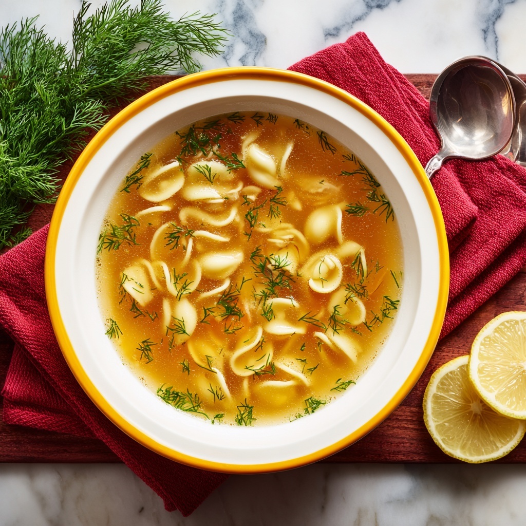 A woman's hand is squeezing a bright yellow lemon wedge over a bowl of soup. The soup is in a white bowl with a yellow rim, filled with light brown broth and visible bits of herbs and small white pasta pieces floating on top. The background includes a blurred white marbled surface with some greenery and a red cloth nearby. Photo taken with an iphone --ar 4:5 --v 7