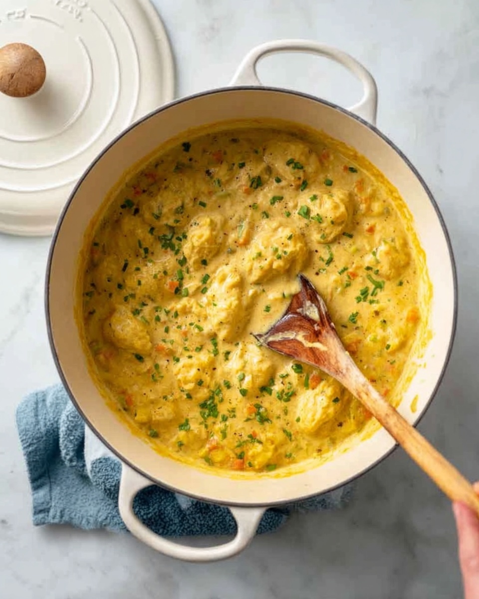 A white pot filled with a thick yellowish creamy dish with small chunks mixed in, topped with green herbs scattered on top. A woman’s hand is holding a wooden spoon stirring the dish. The pot has a white lid resting nearby on a white marbled surface. Photo taken with an iphone --ar 4:5 --v 7