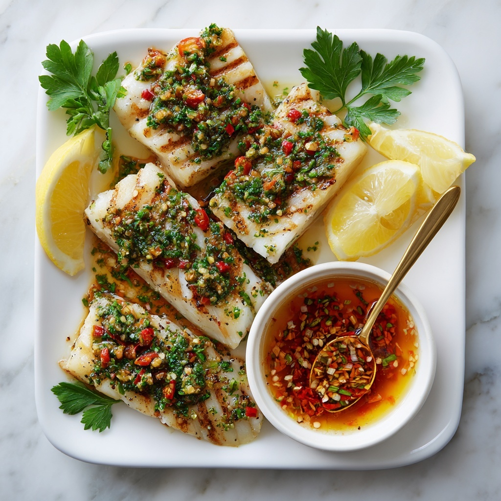 The image shows four pieces of grilled white fish arranged on a white rectangular plate with slight grill marks and light charred spots. Each fish piece has a green sauce with red flecks drizzled on top and is garnished with fresh green parsley leaves. There are four lemon wedges placed around the fish, adding a bright yellow color contrast. On the right side of the plate, there is a small white round bowl filled with dark green sauce with red bits, with a small gold spoon resting inside. A wooden spatula lies partially under the bottom left fish piece. The dish is placed on a white marbled surface. photo taken with an iphone --ar 4:5 --v 7
