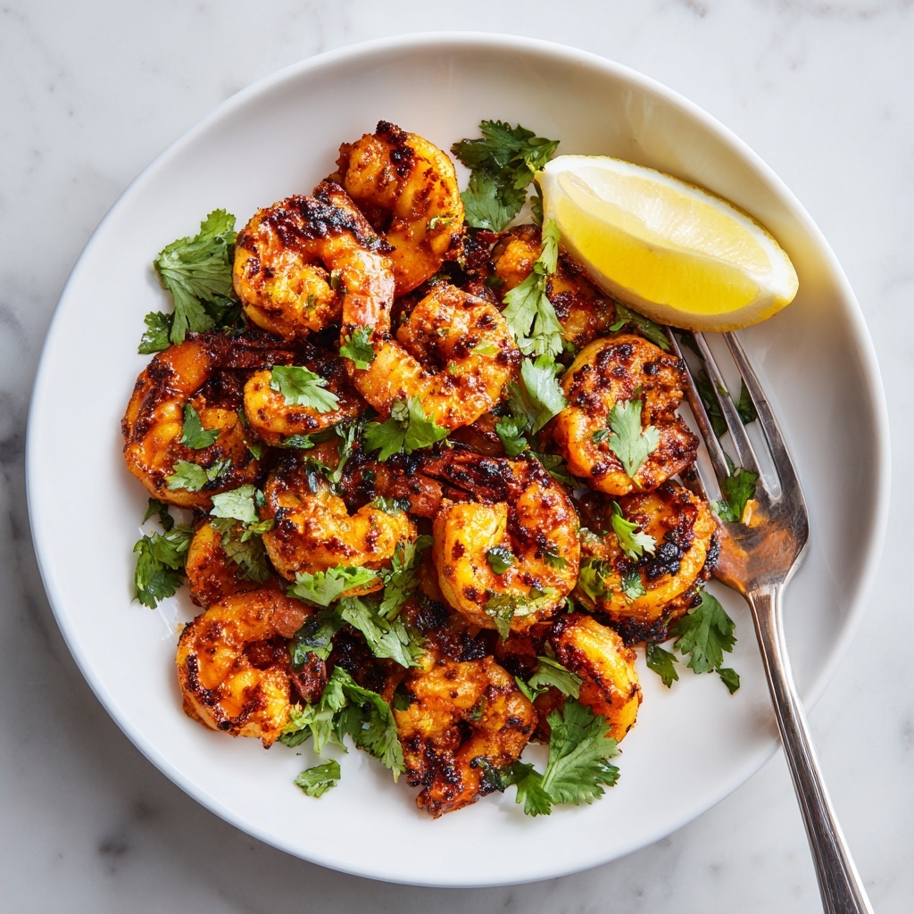 The dish shows a white round plate filled with many grilled shrimp that are golden-orange with charred spots, giving a textured and slightly crispy look. On the top and sides of the shrimp, fresh green cilantro leaves are scattered, adding a bright color contrast. A wedge of lemon with a pale yellow color is placed on the upper right side of the plate. A silver fork rests on the edge of the plate near the shrimp. The plate sits on a white marbled surface. The photo taken with an iphone --ar 4:5 --v 7