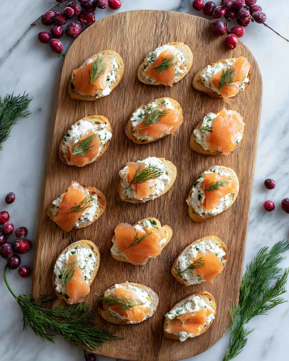 A wooden board with 14 small toasted bread pieces arranged across it, each topped with a creamy white spread mixed with green herbs, a thin slice of light orange smoked salmon, and a small sprig of fresh green dill on top. The board rests on a white marbled surface with fresh dark red cranberries placed in clusters at the top left and bottom right corners and some fresh dill sprigs scattered around. Photo taken with an iphone --ar 4:5 --v 7