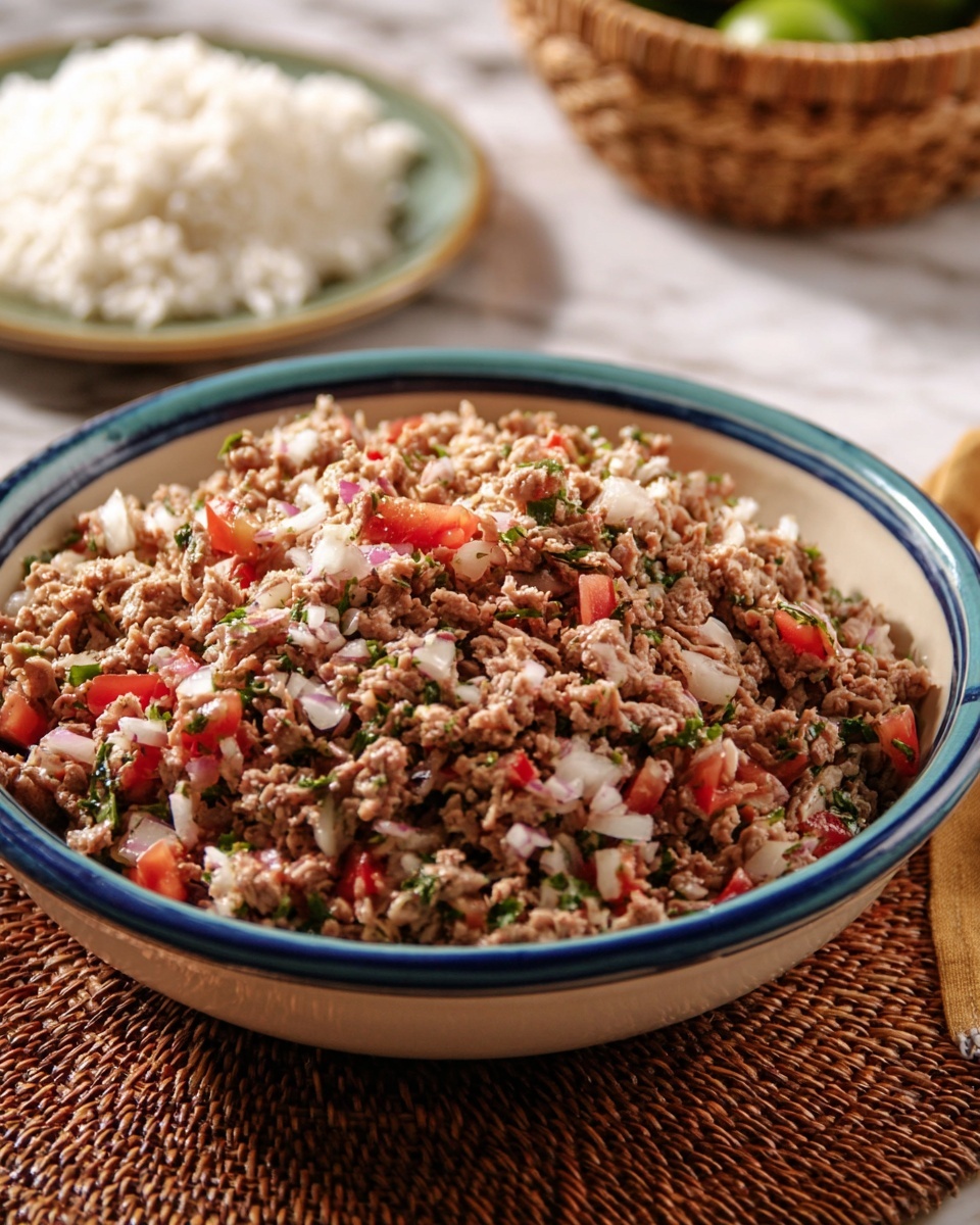 A close-up view of a mixed salad in a white bowl with a blue rim, filled with finely shredded light brown meat, small white onion pieces, bright red tomato chunks, and green herb bits scattered evenly throughout. The ingredients create a textured, colorful mix that fills the bowl to the top. The bowl rests on a white marbled surface with a warm, muted background, giving the scene a cozy, inviting look. photo taken with an iphone --ar 4:5 --v 7