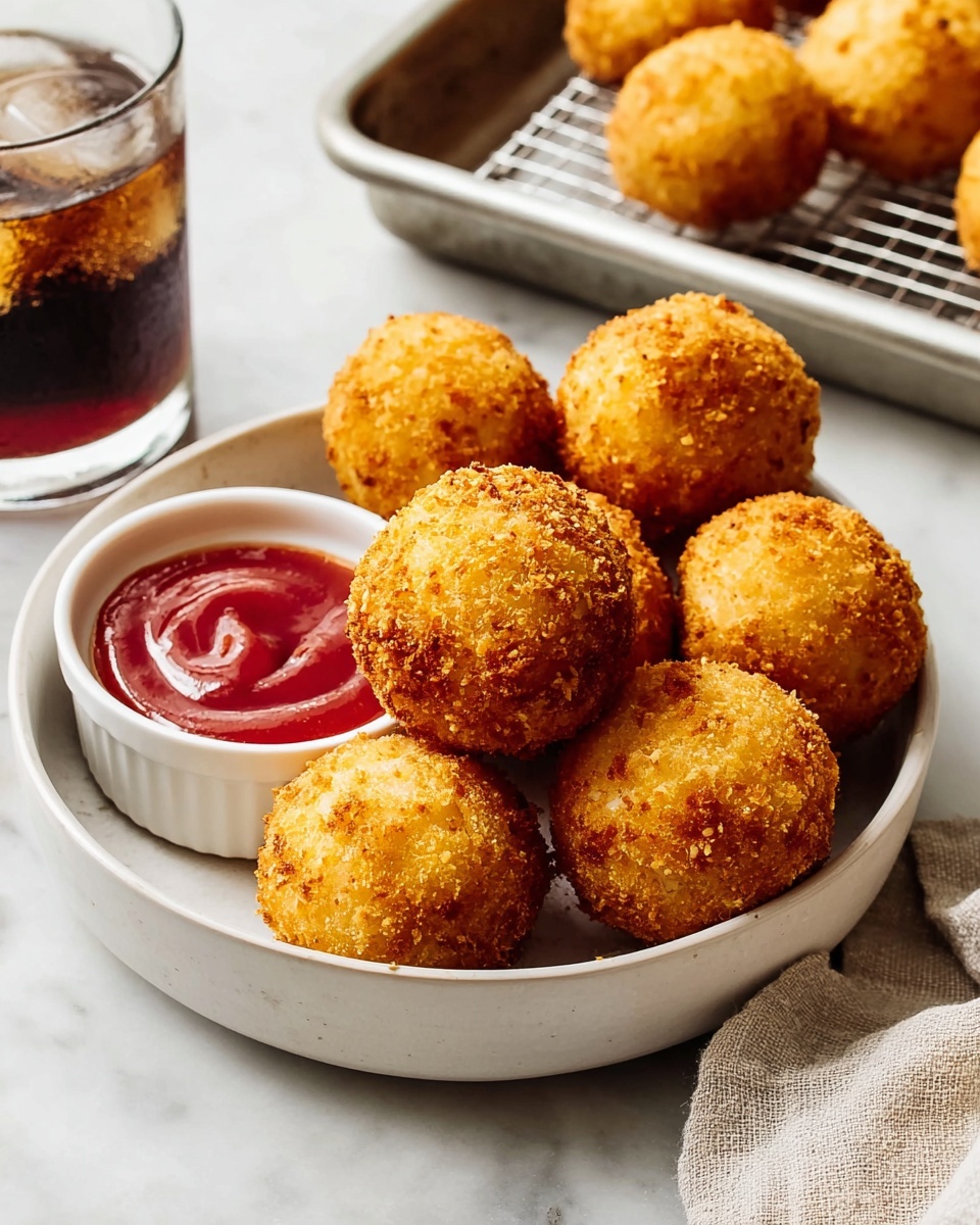 A white bowl holds eight round, golden-brown fried balls with a crispy crumb coating piled loosely. To the left inside the bowl, there is a small white ramekin filled with smooth, glossy red sauce. The bowl sits on a white marbled surface, next to a glass of dark soda with ice. In the background, more fried balls rest on a metal rack inside a silver tray. A beige cloth is placed near the bowl. Photo taken with an iphone --ar 4:5 --v 7