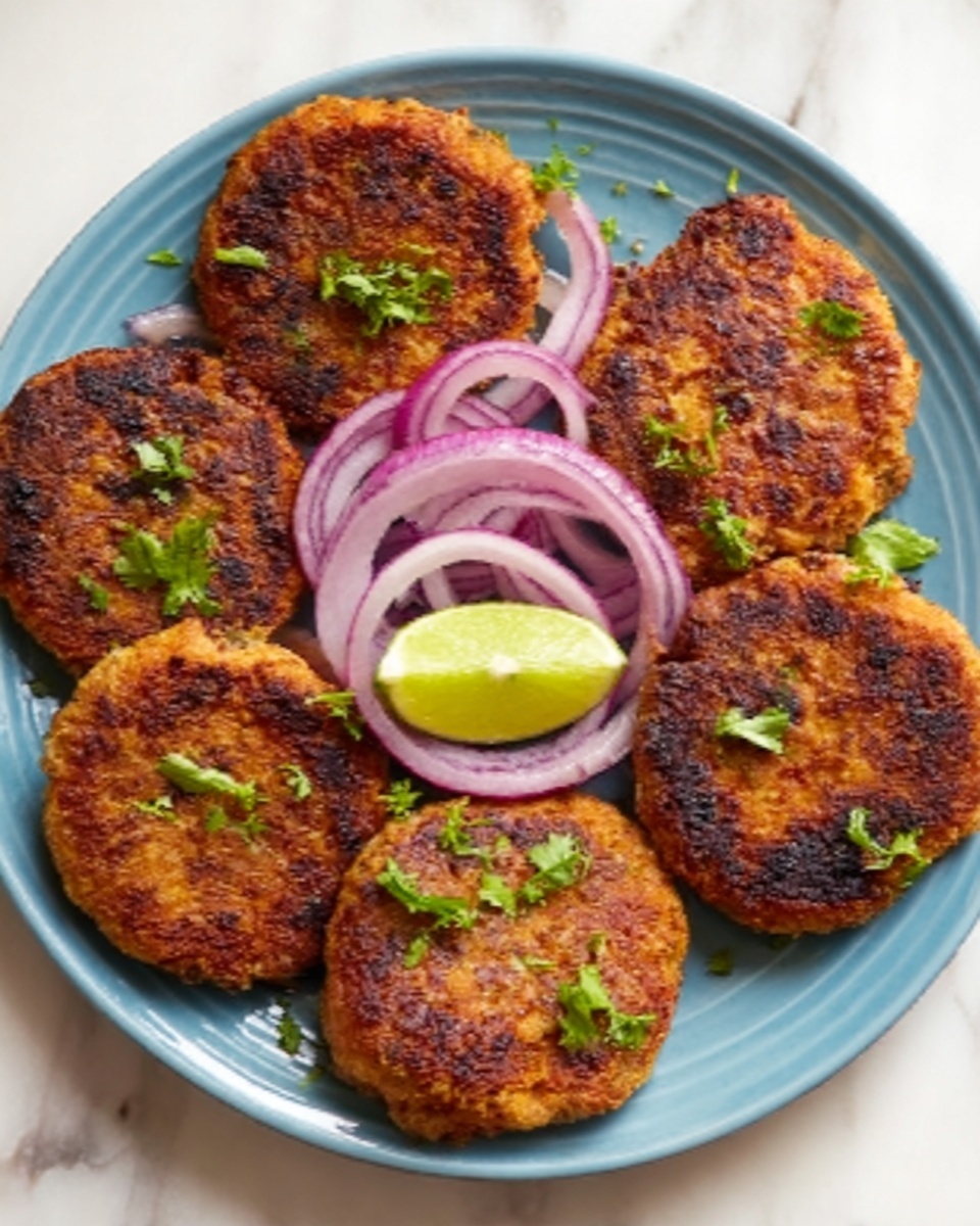 Six golden brown, round patties with a crispy, slightly charred surface are placed on a white plate. They are garnished with small green herb pieces scattered on top. Thin slices of purple onion are evenly arranged between and under the patties, adding a fresh, smooth texture. A wedge of lime with a pale green-yellow color is placed in the middle of the plate. The plate sits on a beige and gray striped cloth over a wooden surface. photo taken with an iphone --ar 4:5 --v 7