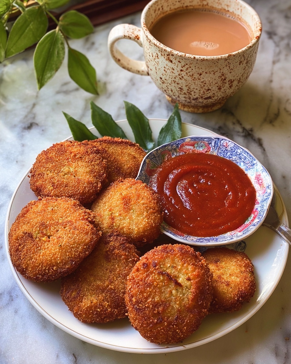 A white round plate holds eight golden-brown crispy fried patties arranged in a slight pile, showing their coarse, crunchy texture. To the side of the patties is a small white sauce bowl with blue and red patterns, filled with thick bright red sauce. Fresh green leaves are placed on the plate around the patties and sauce for decoration. Behind the plate is a white ceramic cup with brown speckles, filled with a light brown frothy drink. The whole scene is set on a white marbled surface. photo taken with an iphone --ar 4:5 --v 7