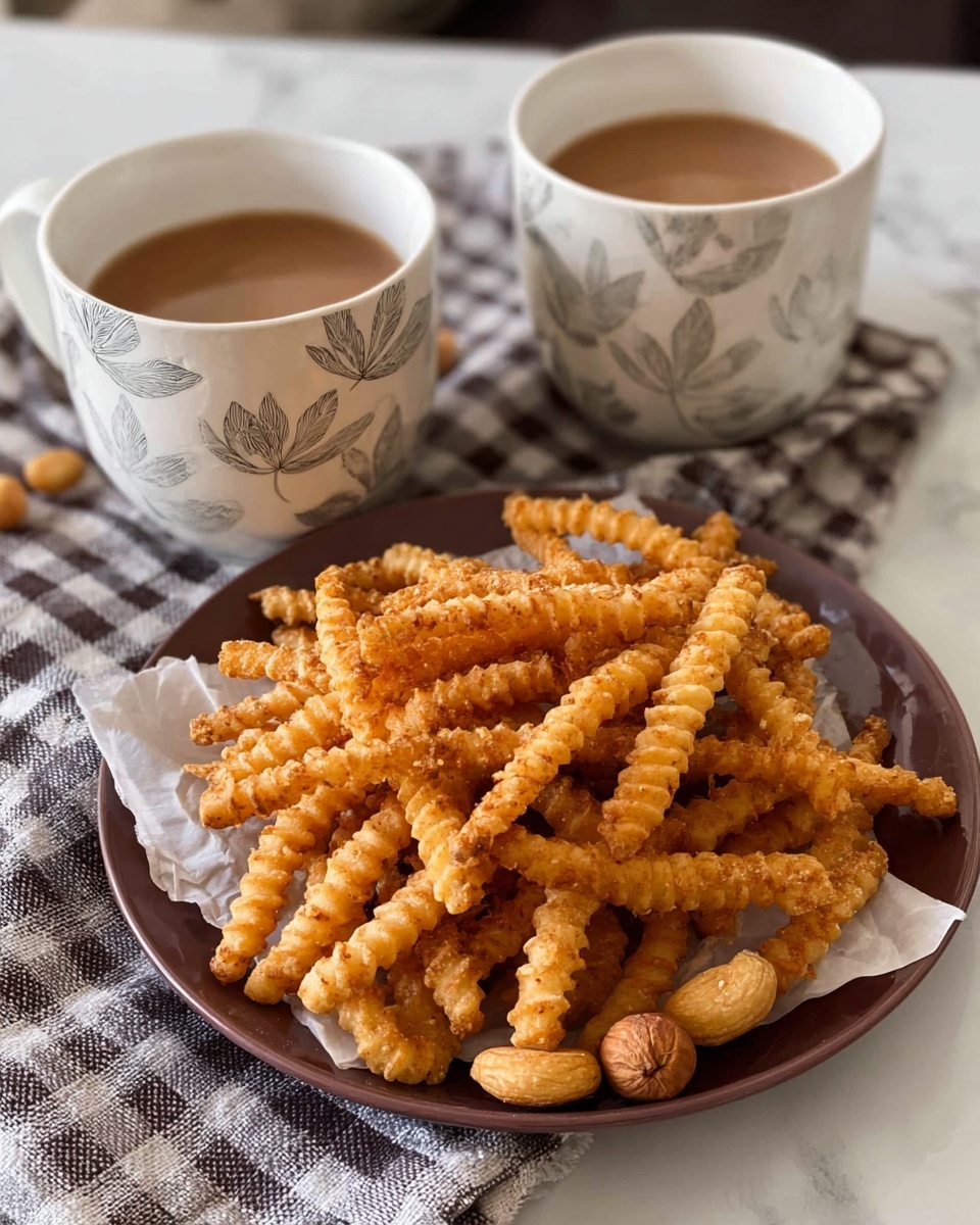 A bright blue plate full of golden brown, ridged, twisted crunchy snacks, spread out covering the whole plate, placed on a wooden table. Behind the plate, there is a white mug with vertical light blue stripes filled with a warm light brown drink, likely tea, with a teabag inside. In the background, there are blurred books on a shelf to the left and a soft chair with cushions to the right, all on a white marbled surface. Photo taken with an iphone --ar 4:5 --v 7