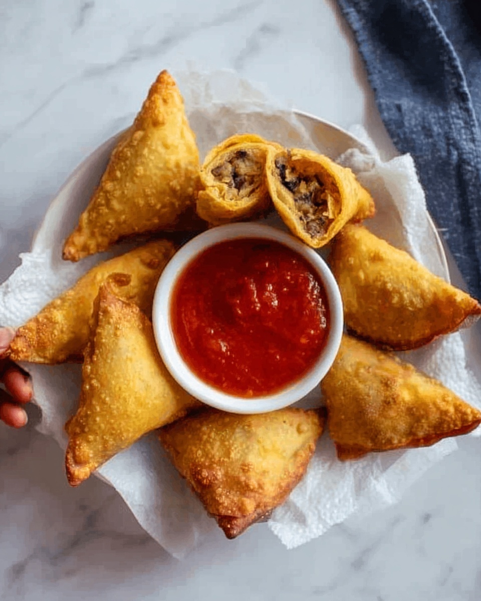 A round black tray lined with crumpled white parchment paper holds seven golden-brown triangular samosas, with two of them halved to show a filling of cooked minced meat mixed with green herbs inside. On the left side of the tray, there is a small white bowl with blue and red patterns filled with smooth red sauce. In the background, two clear glass cups filled with light brown tea sit on a dark textured surface. The overall scene is set on a white marbled texture photo taken with an iphone --ar 4:5 --v 7
