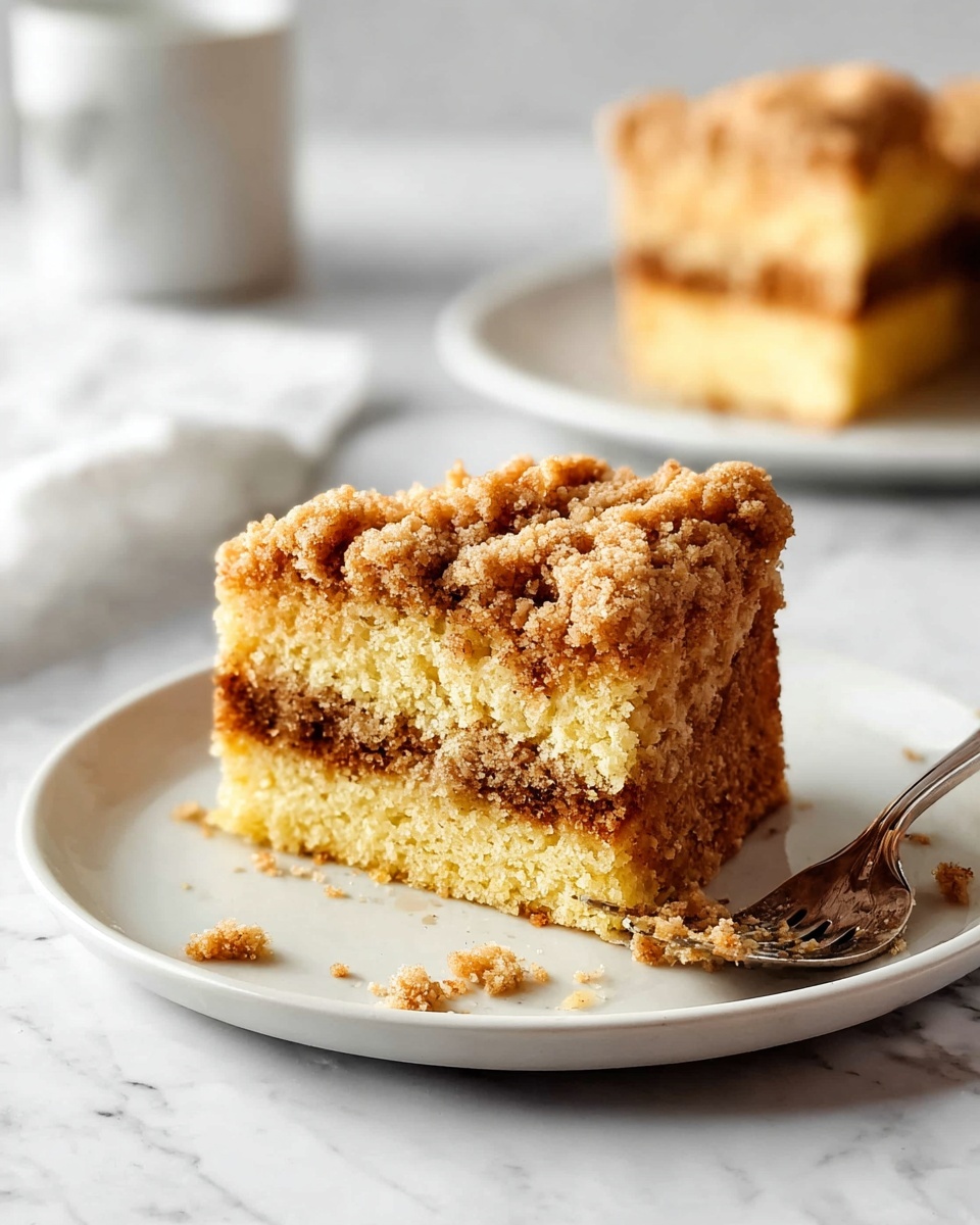 A square piece of crumb cake sits on a white plate with crumbs scattered around. The cake has three visible layers: a darker brown crunchy base, a lighter yellow soft middle layer with a cinnamon swirl, and a crumbly golden-brown topping covering the top. A silver fork rests on the plate in the foreground. The setting is on a white marbled surface. photo taken with an iphone --ar 4:5 --v 7