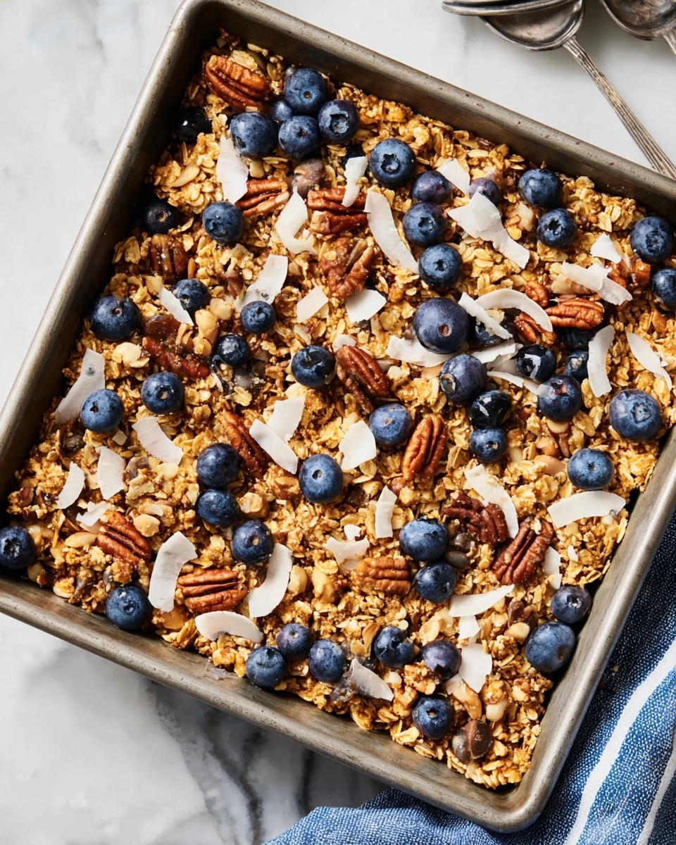The image shows a square baking pan filled with a layered granola mixture. The base is made of golden-brown oats and nuts, topped with bright blue blueberries scattered all over. Thin white coconut flakes and reddish-brown pecans are mixed evenly throughout the granola, adding texture and color contrast. The pan rests on a white marbled surface with a white plate above partially visible with used crumbs and a silver utensil, and a blue and white striped cloth is draped nearby. photo taken with an iphone --ar 4:5 --v 7