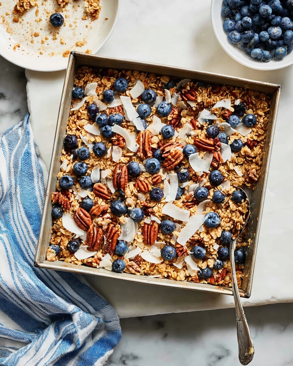 A square baking pan filled with a golden oat mixture topped with scattered whole blueberries, scattered medium brown pecans, and thin white coconut flakes spread evenly across the surface, creating a textured look with the small round blueberries sitting on top of the oats and nuts; the pan rests on a white marbled surface with a blue and white striped cloth partially visible at the bottom right corner. photo taken with an iphone --ar 4:5 --v 7