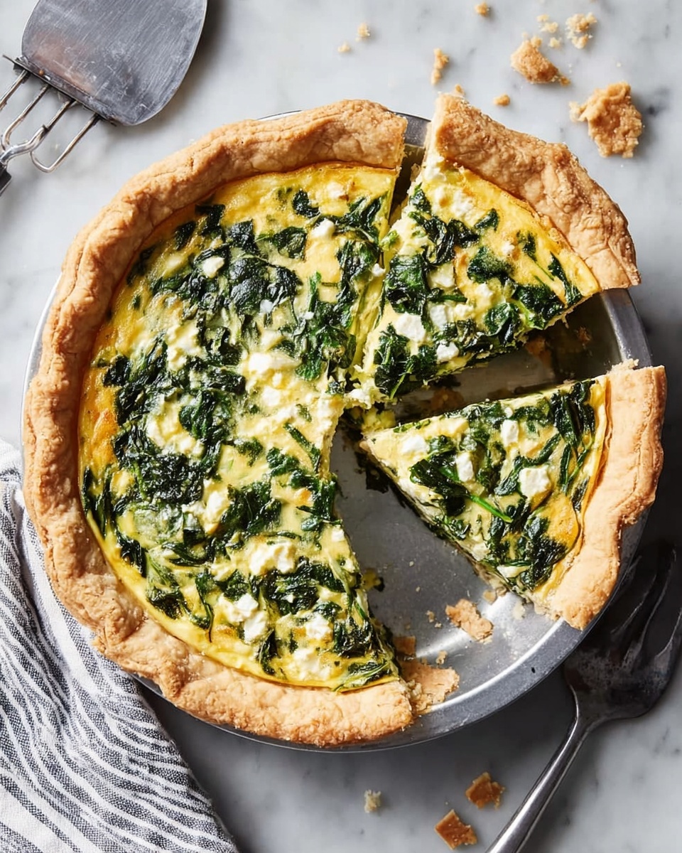 The image shows a spinach quiche in a round metal pie dish on a white marbled surface. The quiche has one thick golden-brown crust layer with a crimped edge that is slightly flaky. Inside the crust is a bright yellow egg mixture filled with dark green spinach leaves and chopped light green scallions scattered evenly on top. One slice has been taken out and placed back at an angle, showing the thick, moist filling in a wedge shape. Nearby lies a metal pie server and a striped white and light gray cloth. Photo taken with an iphone --ar 4:5 --v 7