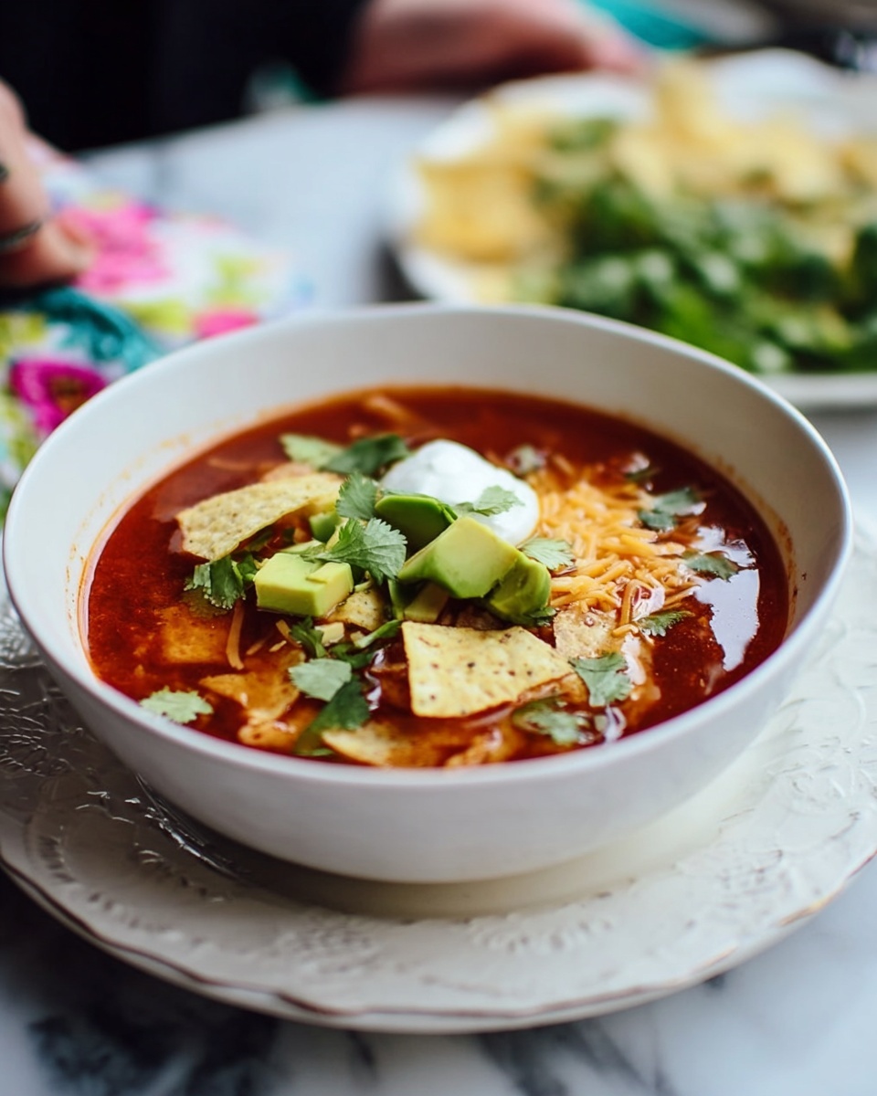 A white bowl filled with red tomato soup sits on a white plate with a delicate pattern, both placed on a white marbled surface. The soup has multiple layers visible: a base of thick, red broth; topped with small pieces of light yellow tortilla chips scattered across; chunks of green avocado in the center; a small dollop of white sour cream slightly off-center; some shredded orange cheese; and bright green cilantro leaves spread on top and around the edges. In the background, a blurred plate with more green herbs and light yellow food is visible. A woman's hand is seen holding the bowl from the top left corner. Photo taken with an iphone --ar 4:5 --v 7