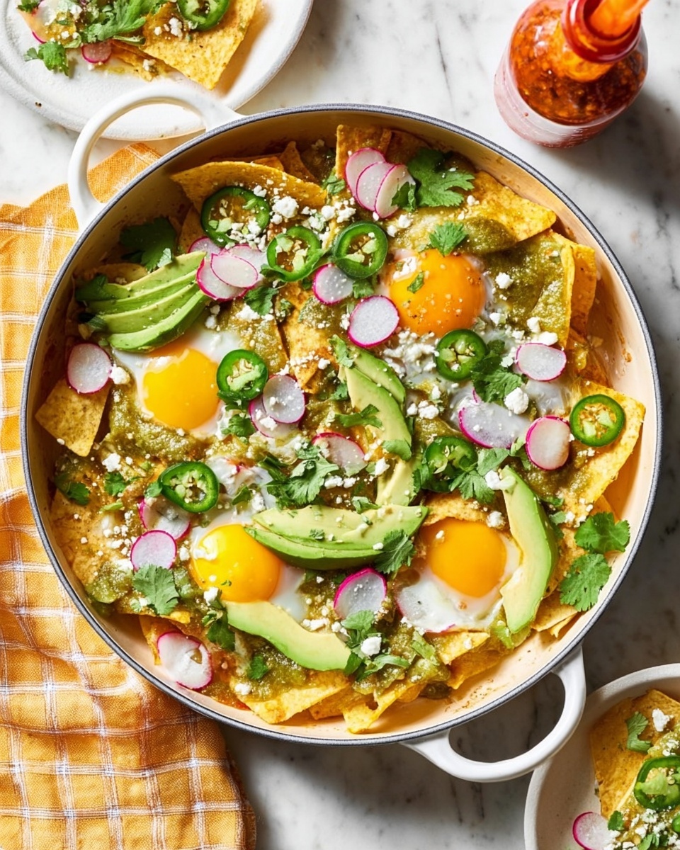 A white pan filled with nachos layered in a circle with yellow crispy tortilla chips, topped with green salsa evenly spread over the chips, three cooked eggs with bright yellow yolks, slices of light green avocado, thin round slices of white and pink radishes, slices of dark green jalapeno peppers, and fresh green cilantro leaves scattered on top, with white crumbly cheese sprinkled over everything. The pan is placed on a white marbled surface with a yellow and white checkered cloth and a bottle of hot sauce nearby, along with a white plate holding a small portion of the dish photo taken with an iphone --ar 4:5 --v 7