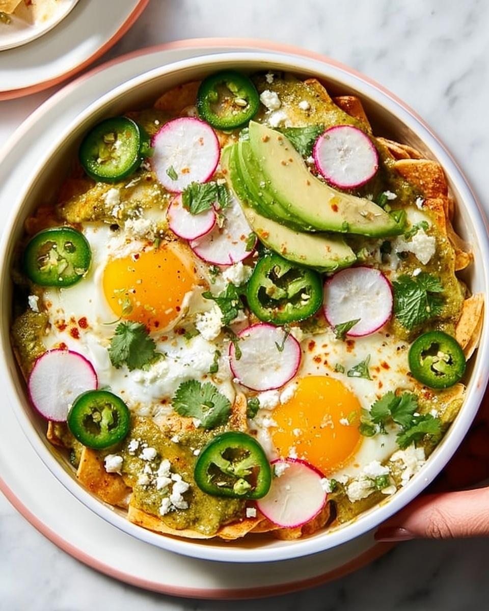 A bowl filled with layered crispy tortilla chips covered in melted green sauce and small white cheese bits scattered on top. Two fried eggs with bright yellow yolks rest on the chips. Slices of fresh avocado and thin, pale pink radish slices are spread evenly. Green jalapeno rings and fresh cilantro leaves add more color on top. The bowl is white, set on a white marbled surface next to a white plate with a pink rim. A woman's hand is holding the bowl. photo taken with an iphone --ar 4:5 --v 7